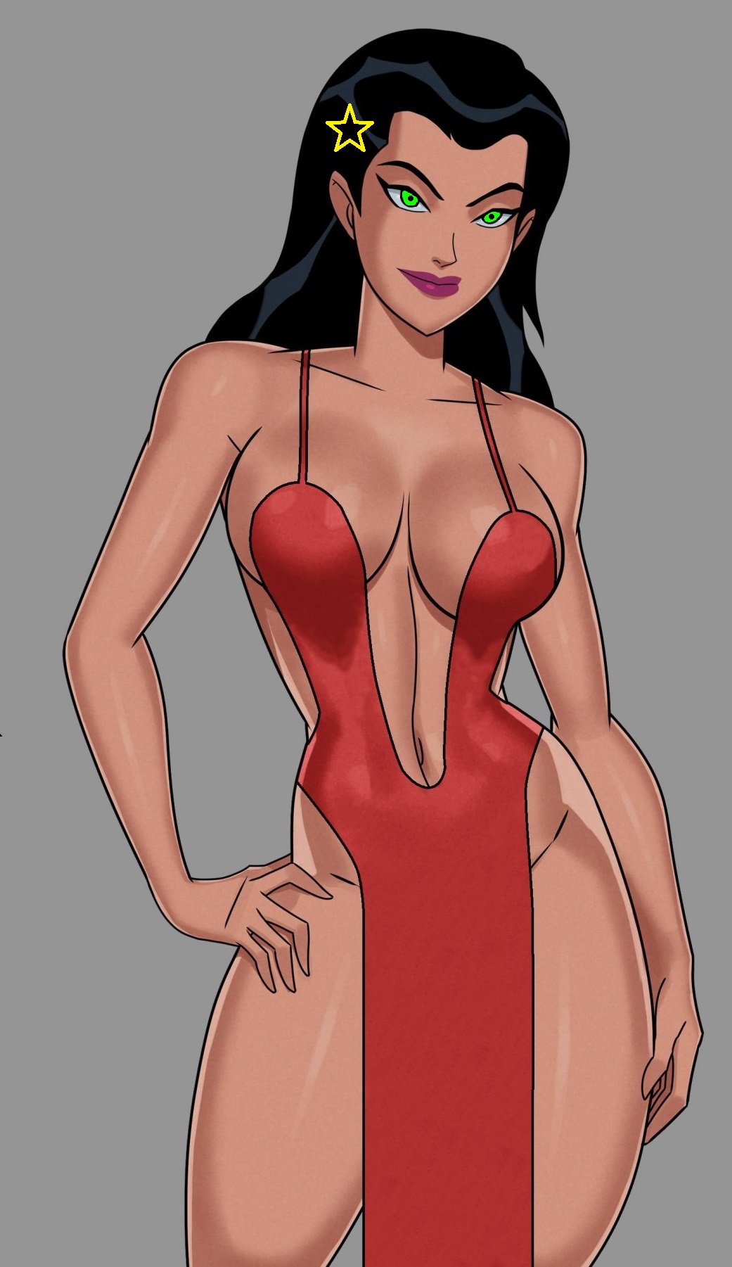 1girls, black hair, breasts, cleavage, dc, dc comics, dcau, double slit dress, female, female only, glowing eyes, green eyes, helena bertinelli, ibnalxuffasch94, justice league unlimited, lipstick, makeup, navel, pelvic curtain, revealing clothes, sunsetriders7