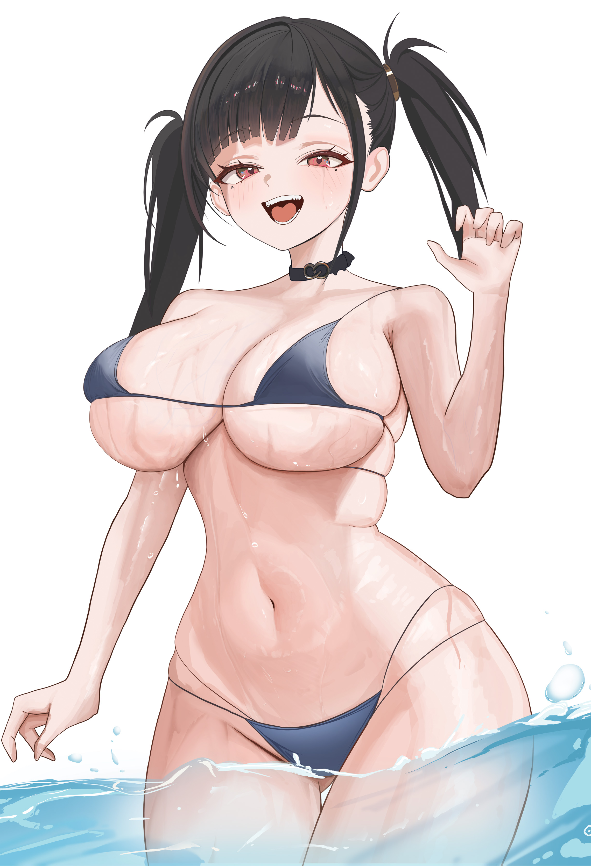 :d, blue bikini, breasts, dark blue bikini, female, frilled choker, goddess of victory: nikke, half-closed eyes, huge breasts, micro bikini, multi-strapped bikini, naughty face, partially submerged, partially underwater shot, smile, sora (nikke), water
