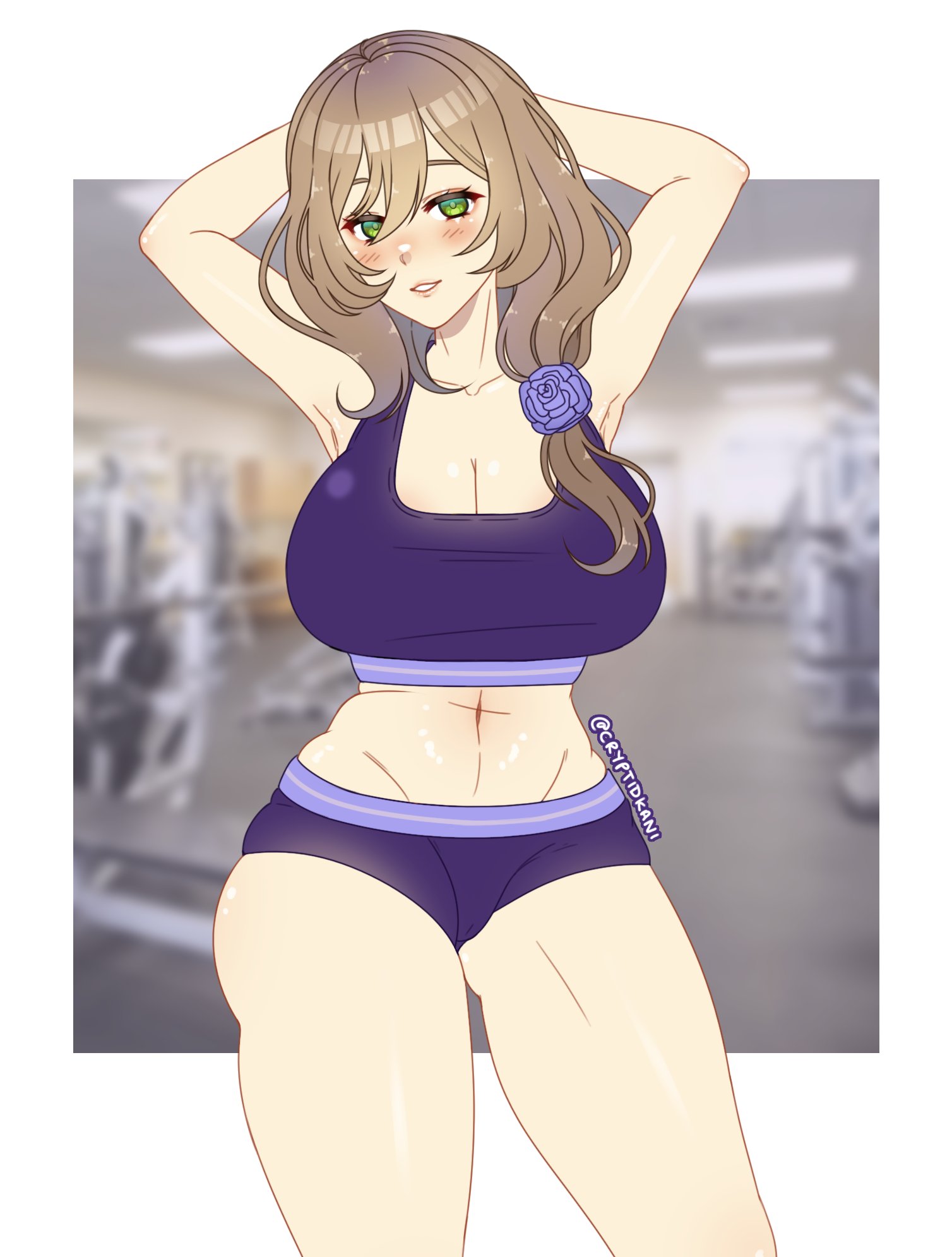 1girls, arms behind head, arms up, bare legs, big breasts, breasts, brown hair, cleavage, cryptid crab, female, genshin impact, green eyes, grin, large breasts, lisa (genshin impact), looking at viewer, medium hair, midriff, shorts, side ponytail, smile, solo, solo female, tank top, thighs