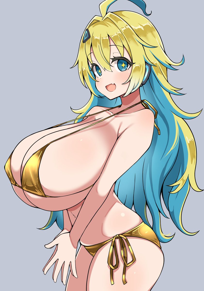 :d, bikini, blush, breasts, clasped hands, detritus, fang, female, from side, gigantic breasts, golden bikini, looking at viewer, micro bikini, ralmia (shadowverse), ralmia sonic racer, shadowverse, skin fang, thick thighs, wide hips