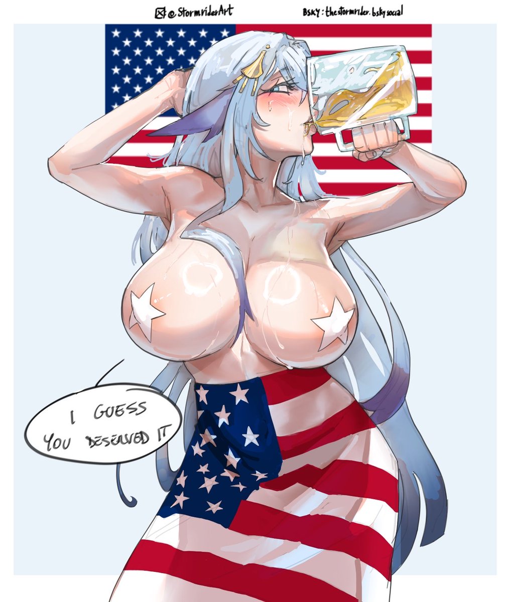 4th of july, american flag, beer, big breasts, blue eyes, blue hair, blush, breasts, drinking, drinking beer, female, indie virtual youtuber, pasties, pheromoan (vtuber), star pasties, stormriderart, virtual youtuber