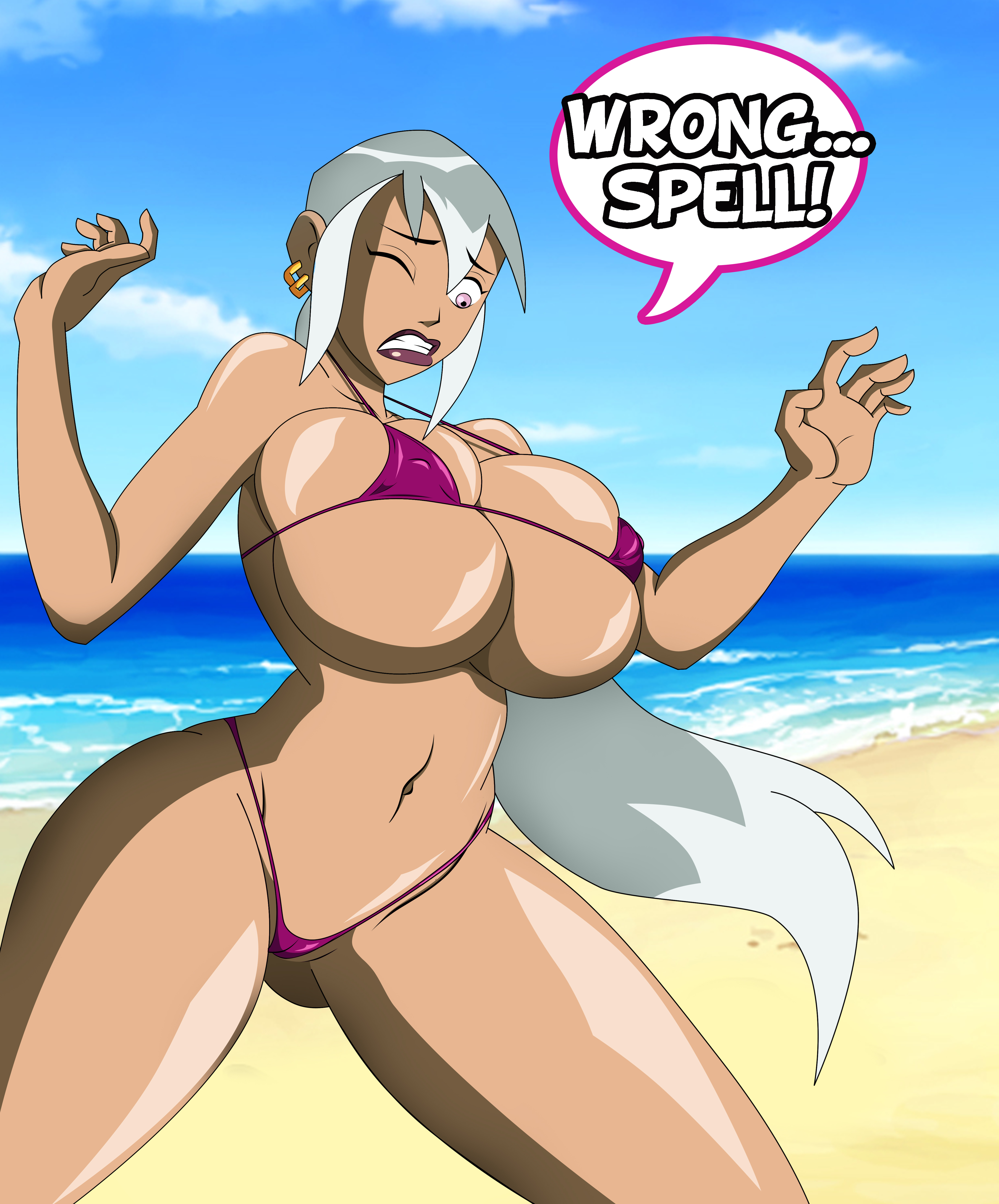 1girls, accidental circumstance, ben 10, ben 10 (classic), big breasts, bikini, breasts, cartoon network, charmcaster, charmcaster (classic), dialogue, english text, female, female only, grey hair, grimphantom, magic, painful, solo, sorceress, text, tight clothing