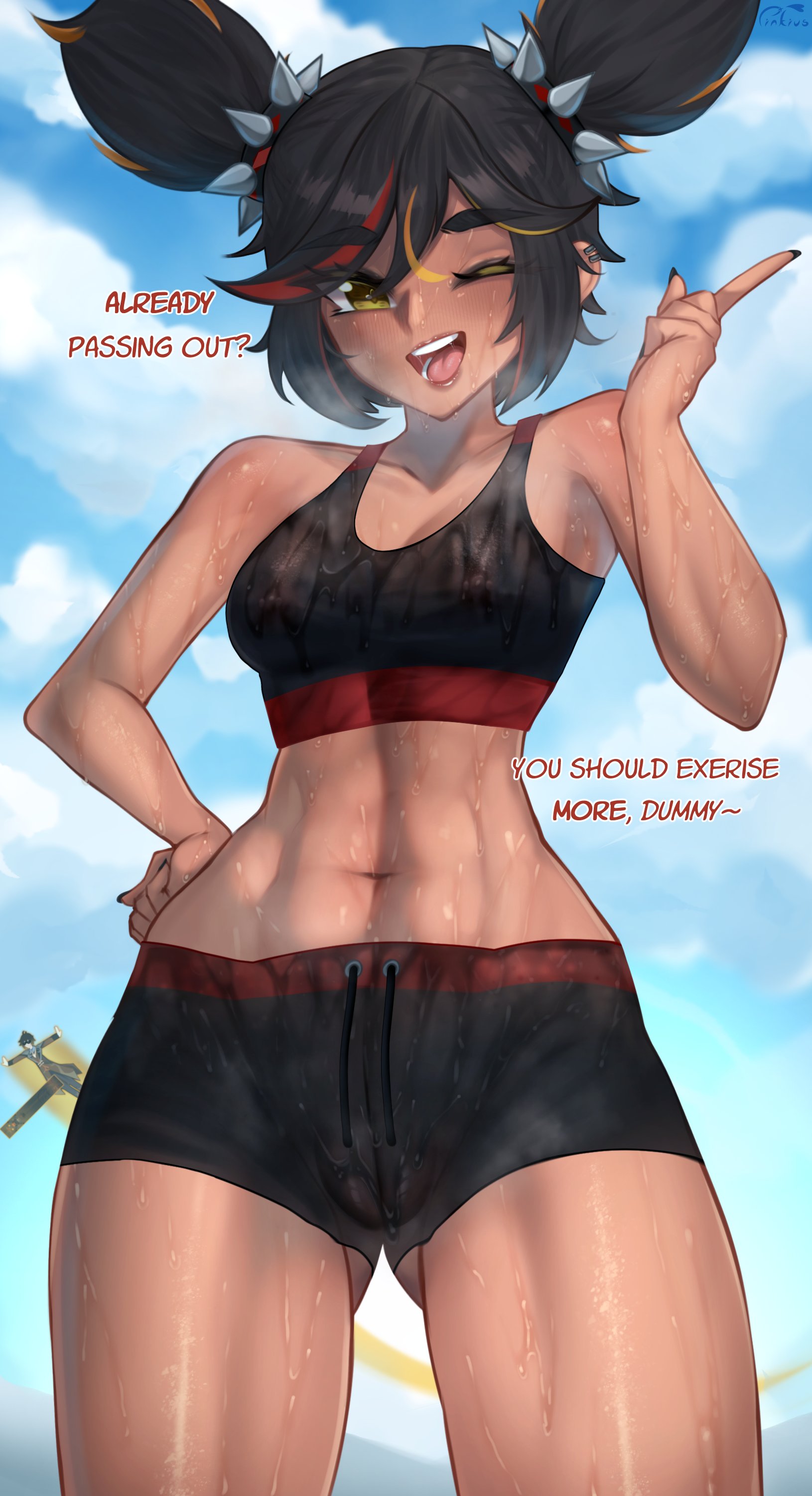 1girls, abs, background character, breasts, camel toe, cameltoe, clothed, clothed female, dark skin, dark-skinned female, female, genshin impact, looking at viewer, medium breasts, muscular, nipples, no panties, no underwear, pinkius, pussy, sportswear, sweat, sweating, xinyan (genshin impact)