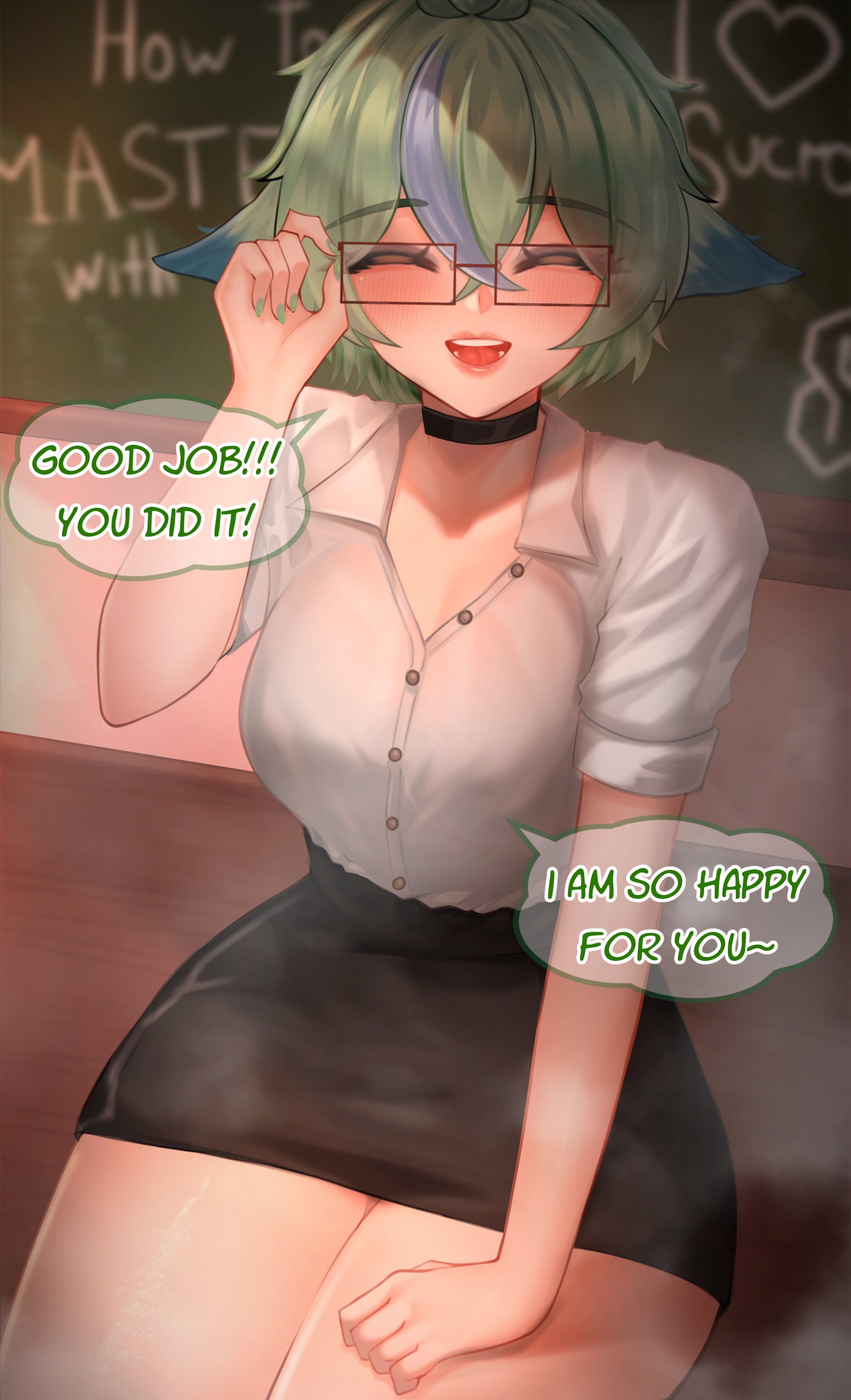 1girls, breasts, clothed, clothed female, female, fully clothed, genshin impact, light skin, light-skinned female, looking at viewer, medium breasts, pinkius, shy, sucrose (genshin impact), teacher, teacher outfit, thick thighs