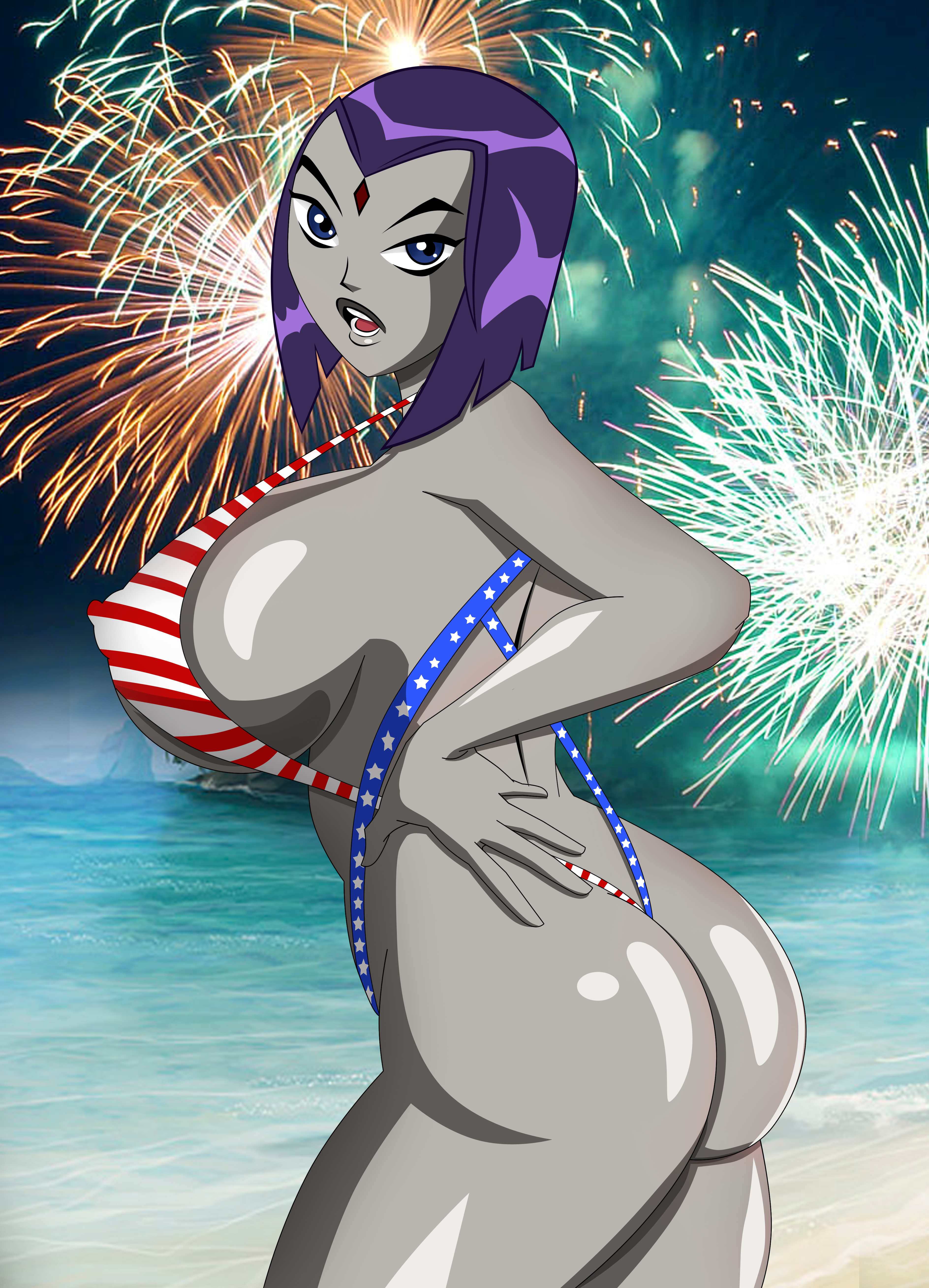 1girls, american flag, american flag bikini, ass, big ass, big breasts, bikini, breasts, cartoon network, dc, dc comics, female, forehead jewel, grey skin, grimphantom, looking at viewer, purple hair, rachel roth, raven (dc), short hair, smooth skin, teen titans, toonami