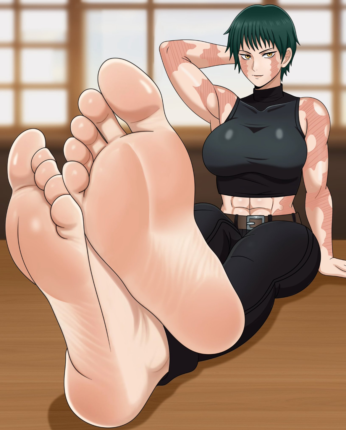 1girls, abs, armpit, armpit peek, eycarts, feet, feet fetish, feet focus, female, female focus, female only, foot fetish, foot focus, green hair, green-haired female, hands behind head, jujutsu kaisen, medium breasts, muscles, muscular female, no shoes, sexy, short hair, soles, soles female, soles fetish, solo, solo female, solo focus, tomboy, tomboyish, yellow eyes, zenin maki