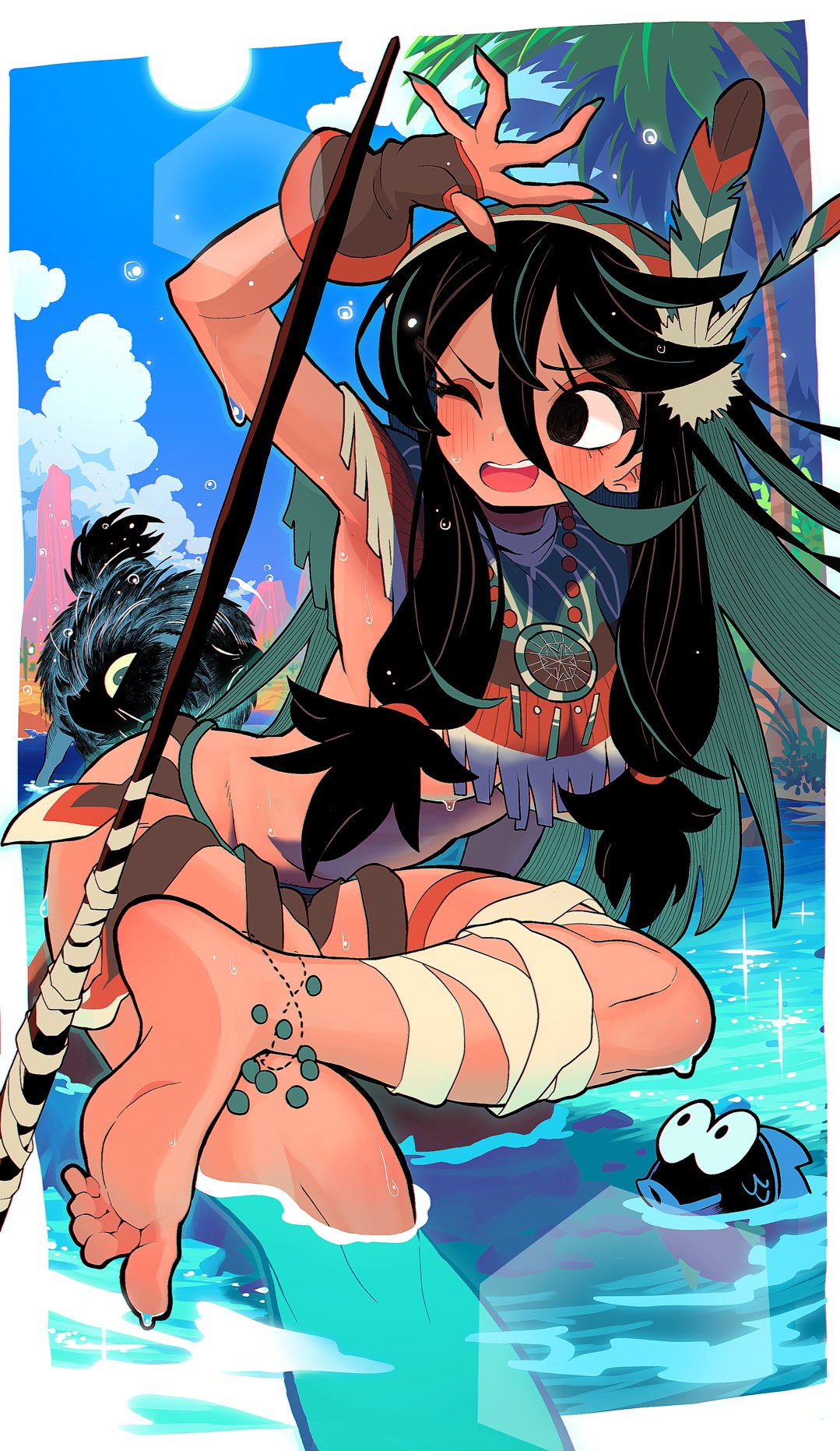 ass, barefoot, black hair, blush, breasts, feet, female, female only, fish, gashi-gashi, gloves, headgear, lake, long hair, native american, native american female, original, original character, sitting, skirt, smile, spear, tagme, thick thighs, uejini, voluptuous, wet, wolf