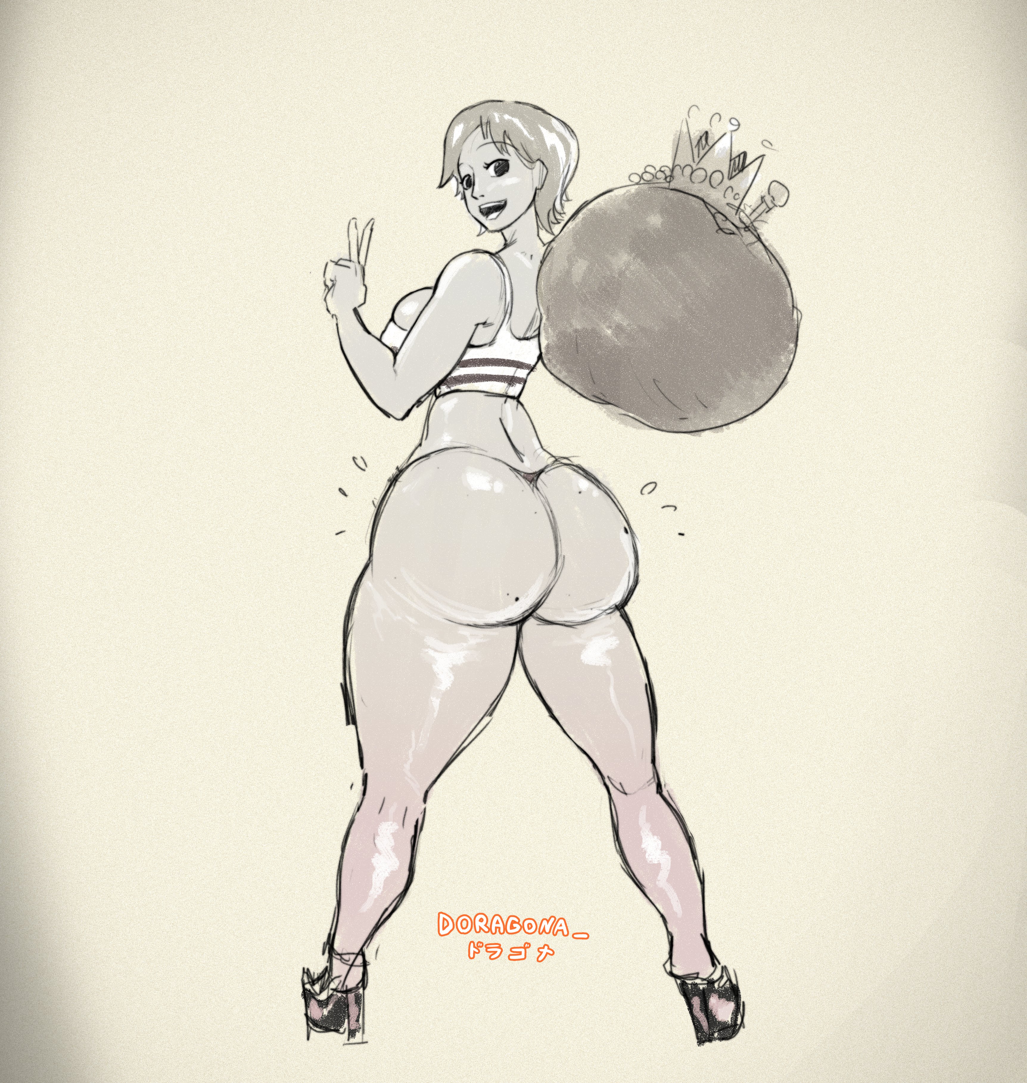 1girls, ass, ass focus, big ass, big breasts, breasts, bubble ass, bubble butt, clothing, crown, doragona, female, female only, greyscale, high heels, huge ass, looking at viewer, looking back, looking back at viewer, money bag, nami (one piece), one piece, peace sign, pre-timeskip, thick thighs, thong, treasure