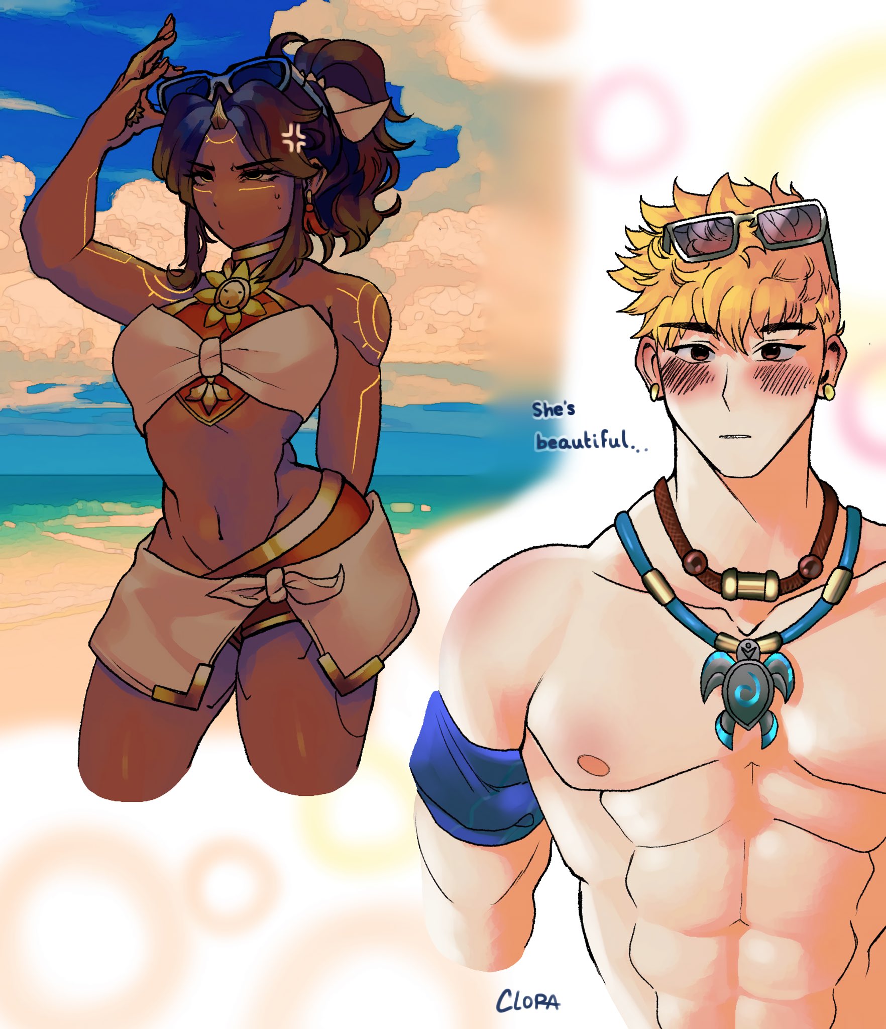 1boy, 1girls, 2d, 2d (artwork), alternate costume, annoyed expression, artist name, artist request, asian, asian male, blonde male, chinese male, dark-skinned female, female, human, human only, illari (overwatch), illari quispe ruiz, indigenous female, interracial, latina, light-skinned male, male, native american female, overwatch, overwatch 2, peruvian female, poolside illari, poolside wuyang, sfw, source request, straight, summer games series, tsundere, wholesome, wuyang