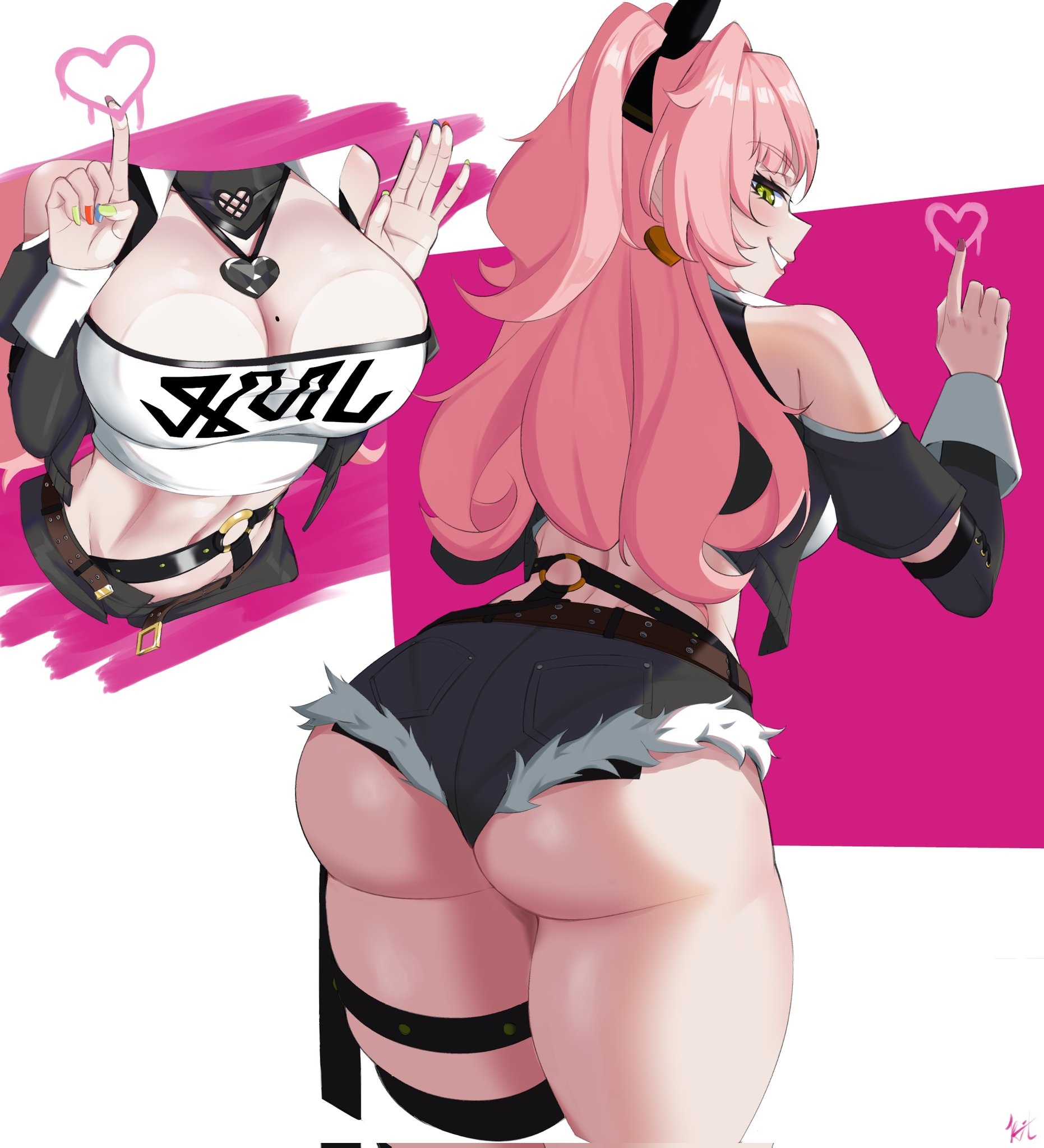 1girl, ass, belt, big ass, big butt, black ribbon, black shorts, blush, breasts, clarkekitsp, cleavage, colored nails, crop top, detached collar, detached sleeves, fingernails, from behind, fur trim, fur-trimmed shorts, green eyes, hair ornament, hair ribbon, hairclip, heart, highres, jewelry, large breasts, lips, long fingernails, long hair, looking at viewer, looking back, mole, mole on breast, mole under eye, nail polish, navel, nicole demara, painted nails, pink hair, pocket, ribbon, shiny skin, shorts, smile, solo, teeth, thick thighs, thigh strap, thighs, two side up, zenless zone zero