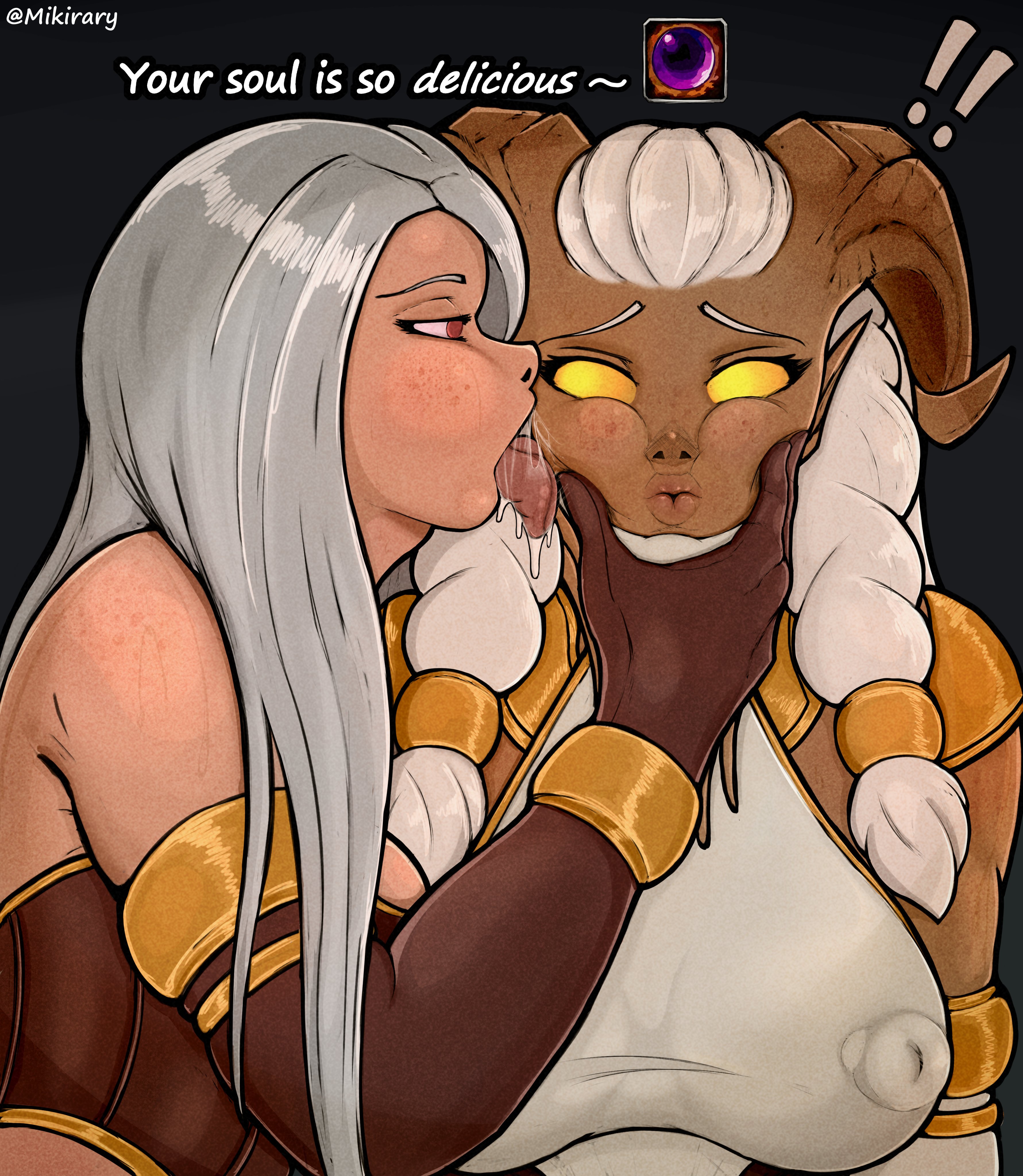 2girls, big breasts, breasts, dialogue, draenei, female, female only, female/female, large breasts, licking cheek, mikirary, nipple bulge, nipple piercing, text, warlock (warcraft), world of warcraft