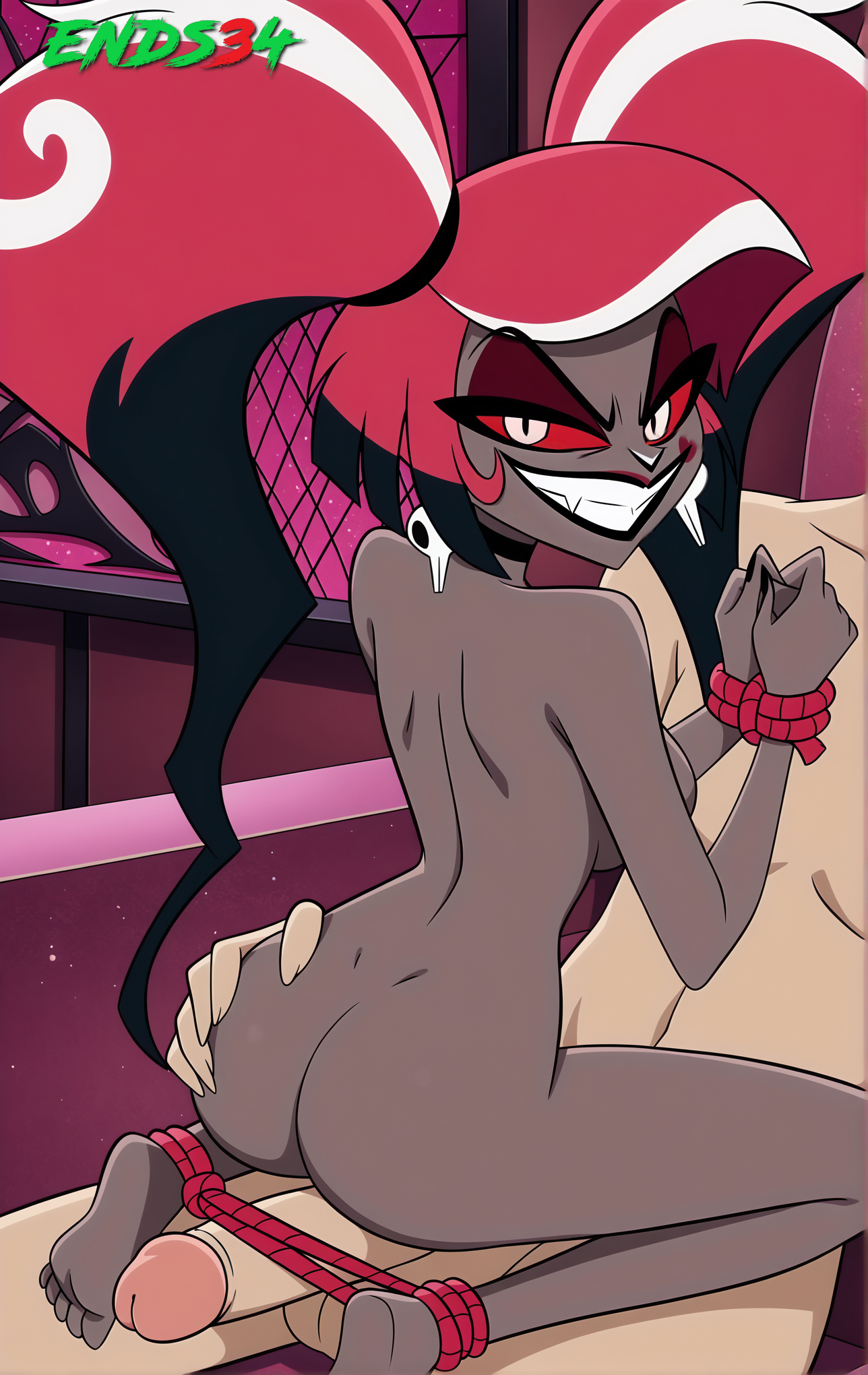 ai generated, completely nude, dark skin, dark-skinned female, ends34, female, female focus, hazbin hotel, male, nude, penis, rope, rope bondage, smile, velvette