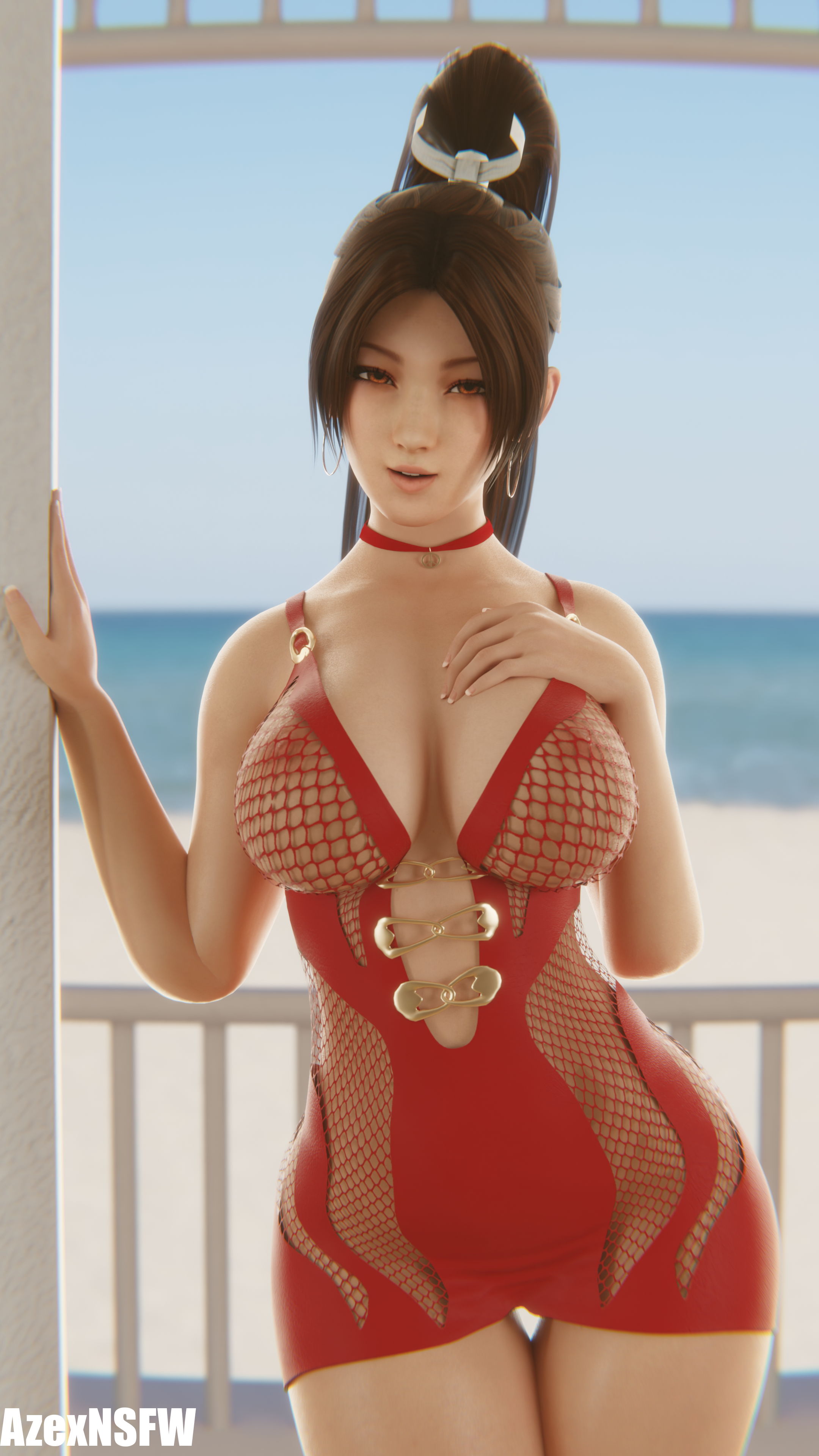1girls, 3d, areolae, asian, asian female, ass, azexnsfw, beach, beach background, big breasts, blender, breasts, brown eyes, brown hair, clothed, clothed female, clothing, curvy, curvy body, curvy female, curvy figure, dead or alive, dress, fatal fury, female, female focus, female only, hair ribbon, hand on breast, king of fighters, large breasts, light skin, light-skinned female, long hair, looking at viewer, mai shiranui, nipples, ponytail, posing, posing for the viewer, pussy, sexy, shaved crotch, shaved pussy, smile, smiling, smiling at viewer, snk, solo, solo female, solo focus, thighs, vagina, white hair ribbon