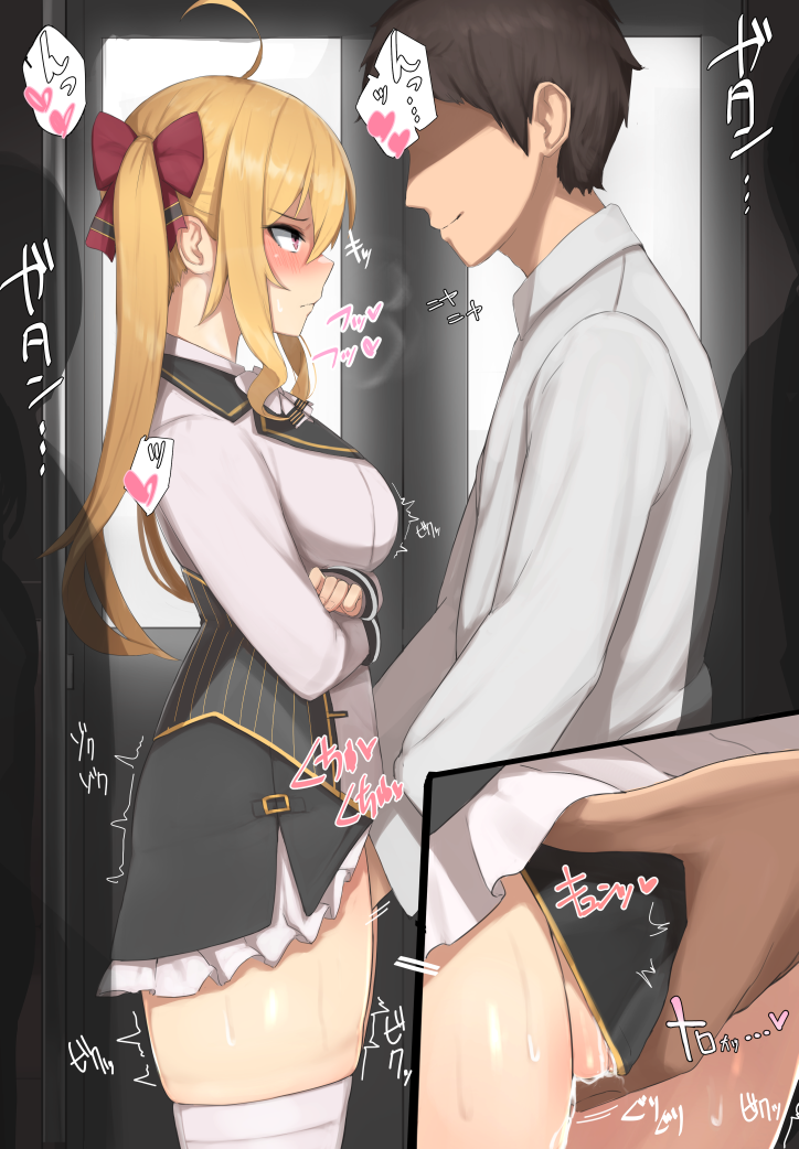 1boy ahoge arms_under_breasts black_hair black_panties black_skirt blonde_hair blush bow bowtie breasts chikan closed_mouth faceless faceless_male female fingering frilled_skirt frills from_side hairbow heart heavy_breathing inset long_sleeves looking_at_another medium_breasts miniskirt molestation motion_lines nijisanji nose_blush panties partially_visible_vulva public purple_eyes pussy_juice red_bow shaded_face shirt sidelocks silhouette skindentation skirt straight takamiya_rion thighhighs train_interior trembling twintails underwear v-shaped_eyebrows virtual_youtuber white_bow white_legwear white_neckwear white_shirt zijou