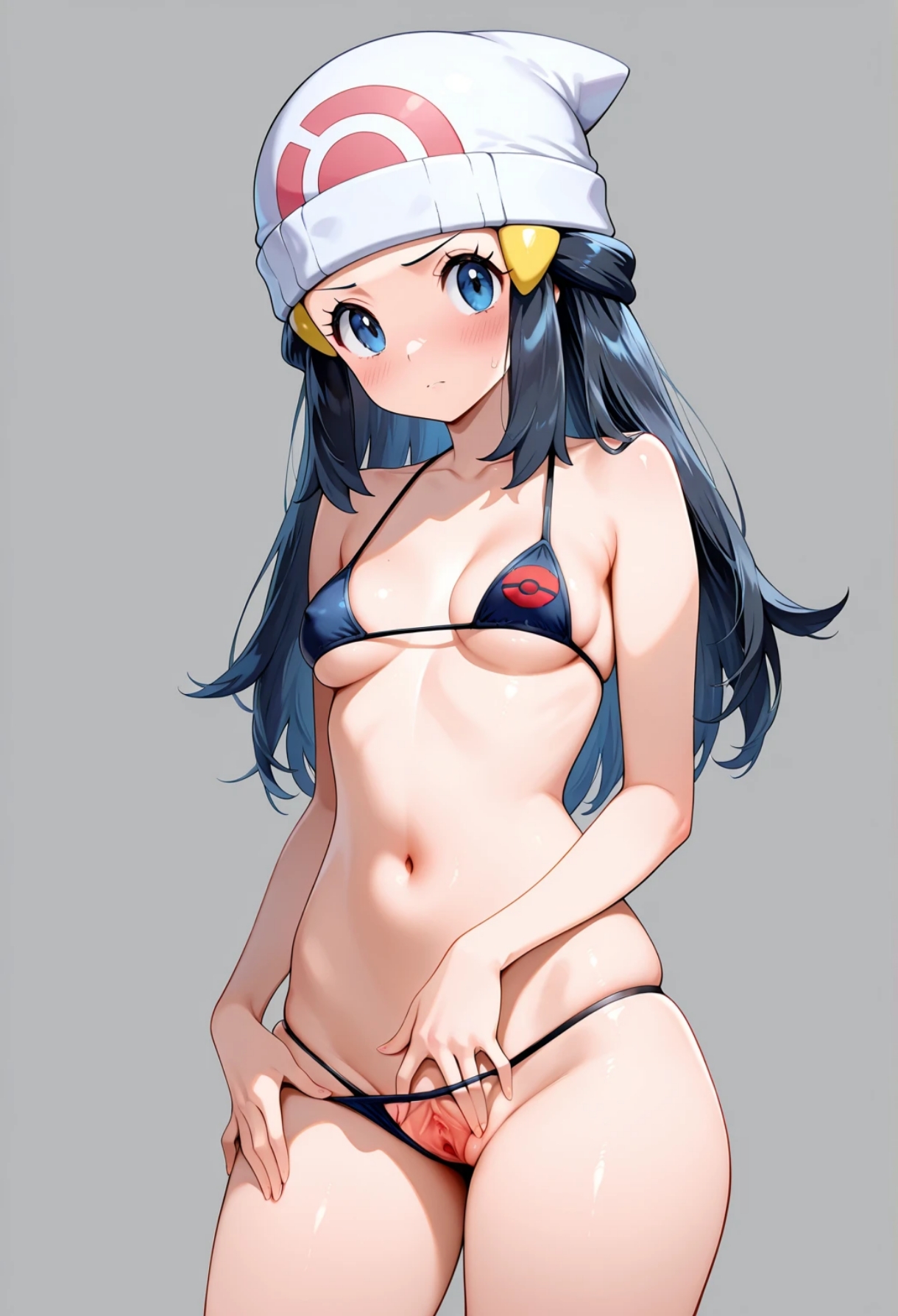 ai generated, bikini, black bikini, blue eyes, blue hair, dawn (pokemon), female, gavver x, highres, looking at viewer, pokemon, pussy, spread pussy