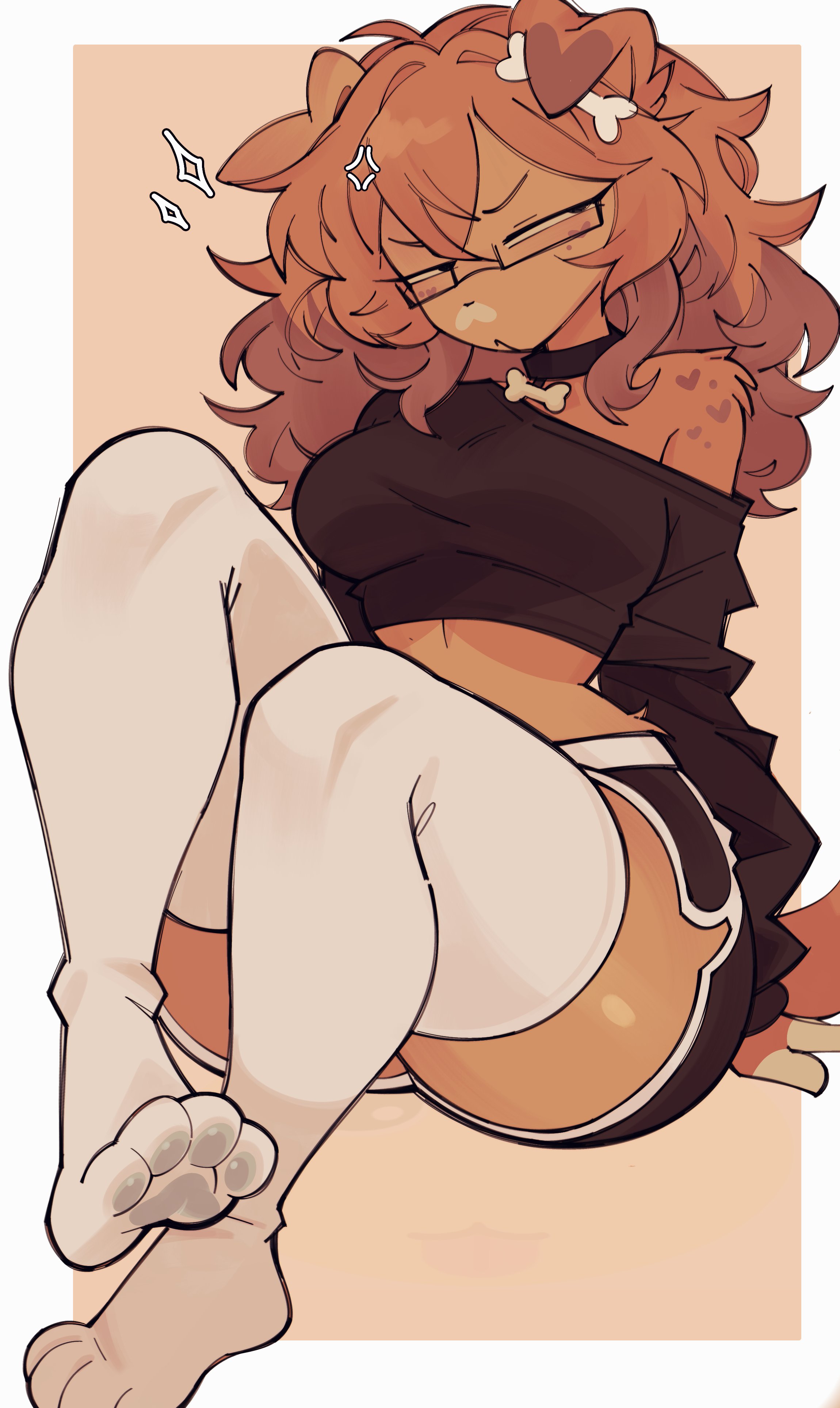 absurd res, ai assisted, ai generated, annoyed, anthro, bone, booty shorts, canid, canine, chantiyi, chantiyii, collar, commission, crop top, digital media (artwork), feet, folded ears, freckles, fur markings, glasses, hair ornament, heart symbol, hi res, oc, one shoulder exposed, orange fur, orange hair, original character, paws, soles of feet in socks, tail, thick thighs, thighhighs, toes visible through clothing