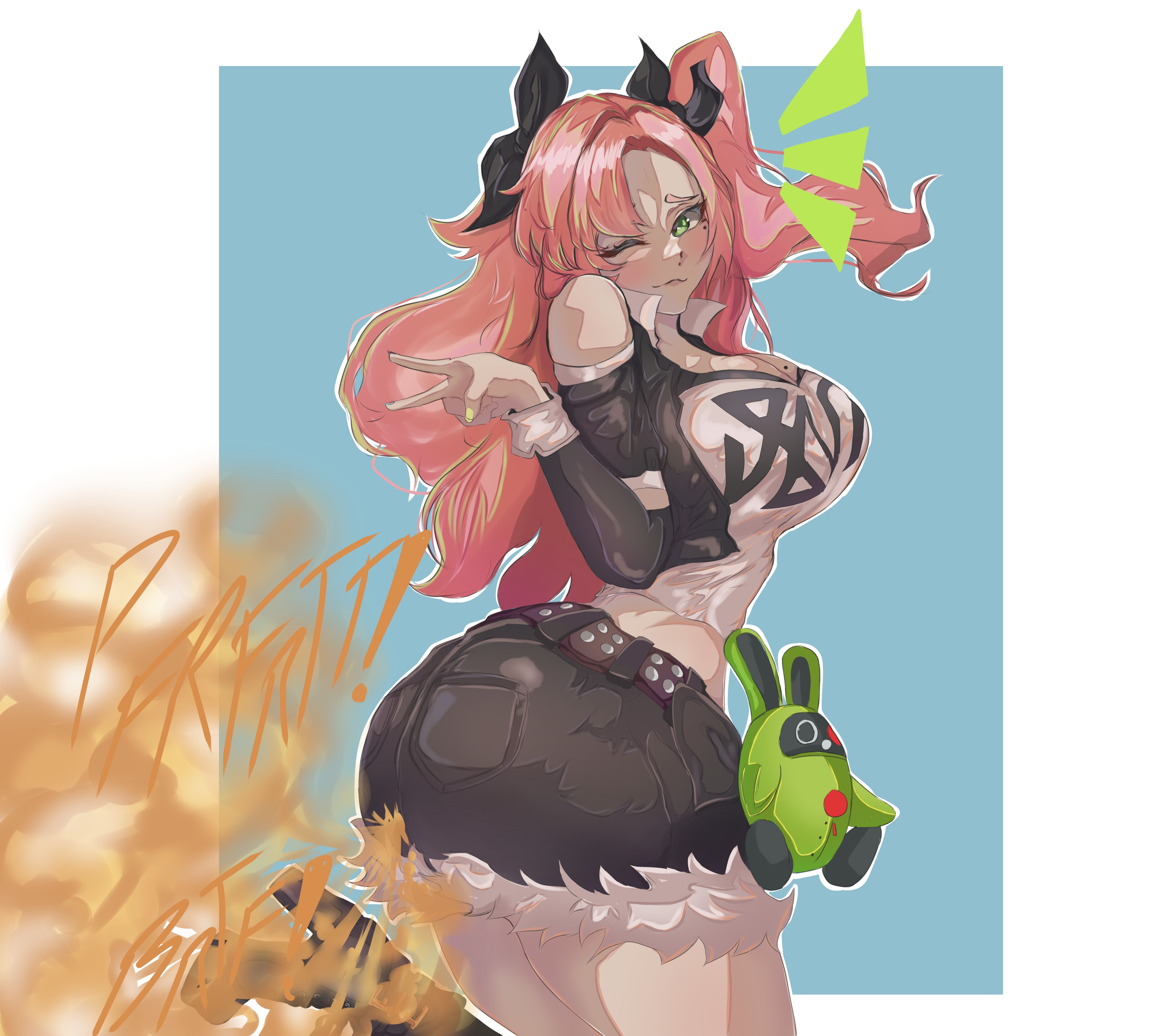 ass, big breasts, breasts, crop top, cropped jacket, denim shorts, english text, fart, fart everywhere, fart fetish, farting, fat ass, female, green eyes, jean shorts, leg up, looking back, melonarts2 (artist), nicole demara, peace sign, pink hair, pose, sideboob, tail, thick ass, thick thighs, twintails, wide hips, zenless zone zero