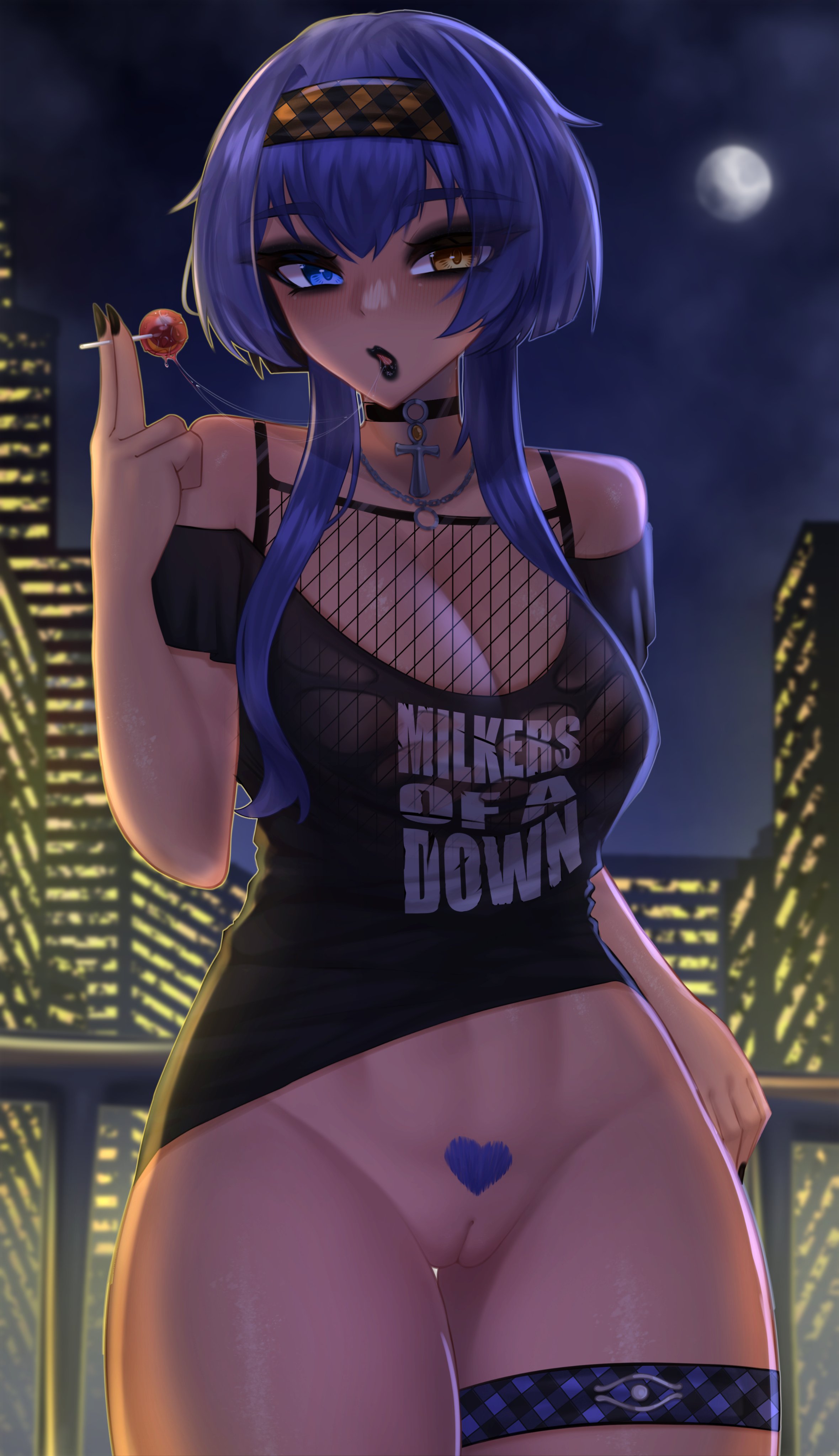 1girls, black lipstick, breasts, candace (genshin impact), dark skin, dark-skinned female, female, genshin impact, goth, makeup, pinkius, pubic hair, pussy, thick thighs
