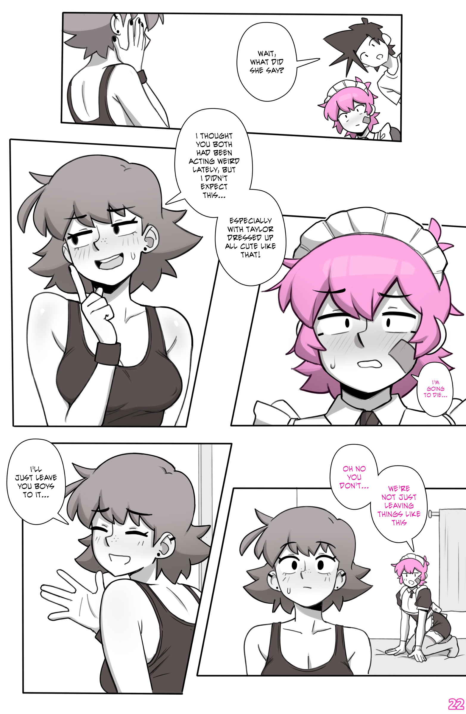 1girls, 2boys, big breasts, black hair, bracelet, breasts, caught, caught in the act, cleavage, comic, comic page, dialogue, dross, female, female supporting yaoi, femboy, gay, gay male, gay sex, imminent threesome, jacob (dross), light skin, light-skinned female, light-skinned male, maid, maid headdress, maid outfit, maid uniform, male, monochrome, page 22, painted nails, pink hair, roxanne (dross), sweatdrop, tagme, taylor (dross), text, text bubble, yaoi