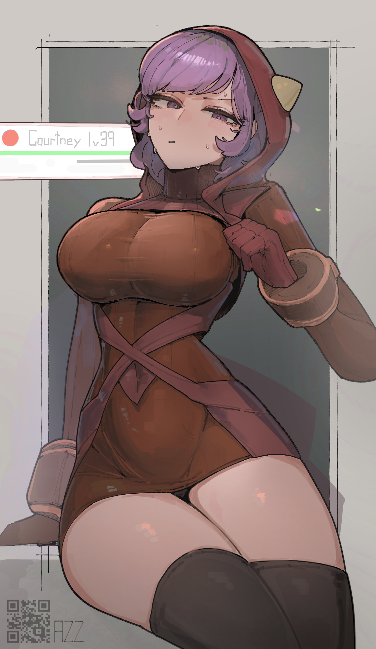 1girls, azz0422, black thighhighs, breasts, closed mouth, courtney (pokemon), covered navel, curvy, dress, female, gloves, health bar, highres, hood, hood up, hooded dress, large breasts, looking at viewer, nintendo, pokemon, pokemon oras, purple eyes, purple hair, red dress, red gloves, short hair, sitting, sweat, team magma, thighhighs, thighs, zettai ryouiki