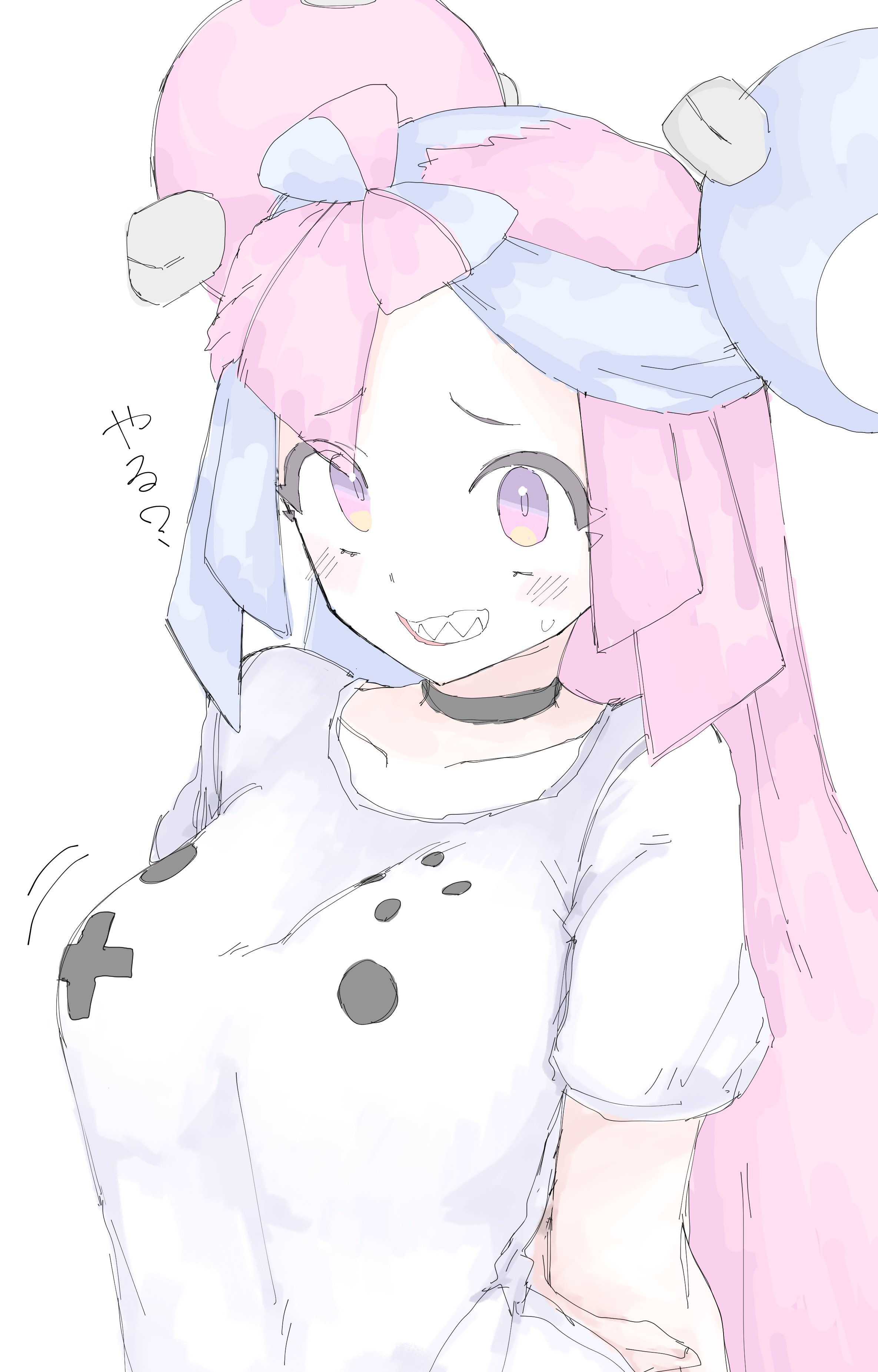 blue hair, blush, breasts, choker, controller shirt, female, female only, hands behind back, iono (pokemon), looking at viewer, magnemite, mocaht8, pink eyes, pink hair, pokemon, sharp teeth, shirt, smile, tagme, text