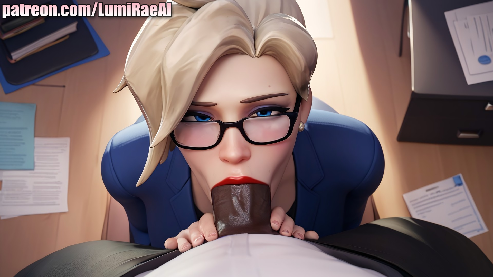 1boy, 1girls, ai generated, blonde hair, blowjob, blue eyes, blue shirt, clothed female, dark skin, dark-skinned male, deepthroat, earrings, female, glasses, lipstick, looking at viewer, lumirae, makeup, male, mercy, office, office lady, overwatch, patreon username, penis, pov, pov eye contact, self upload