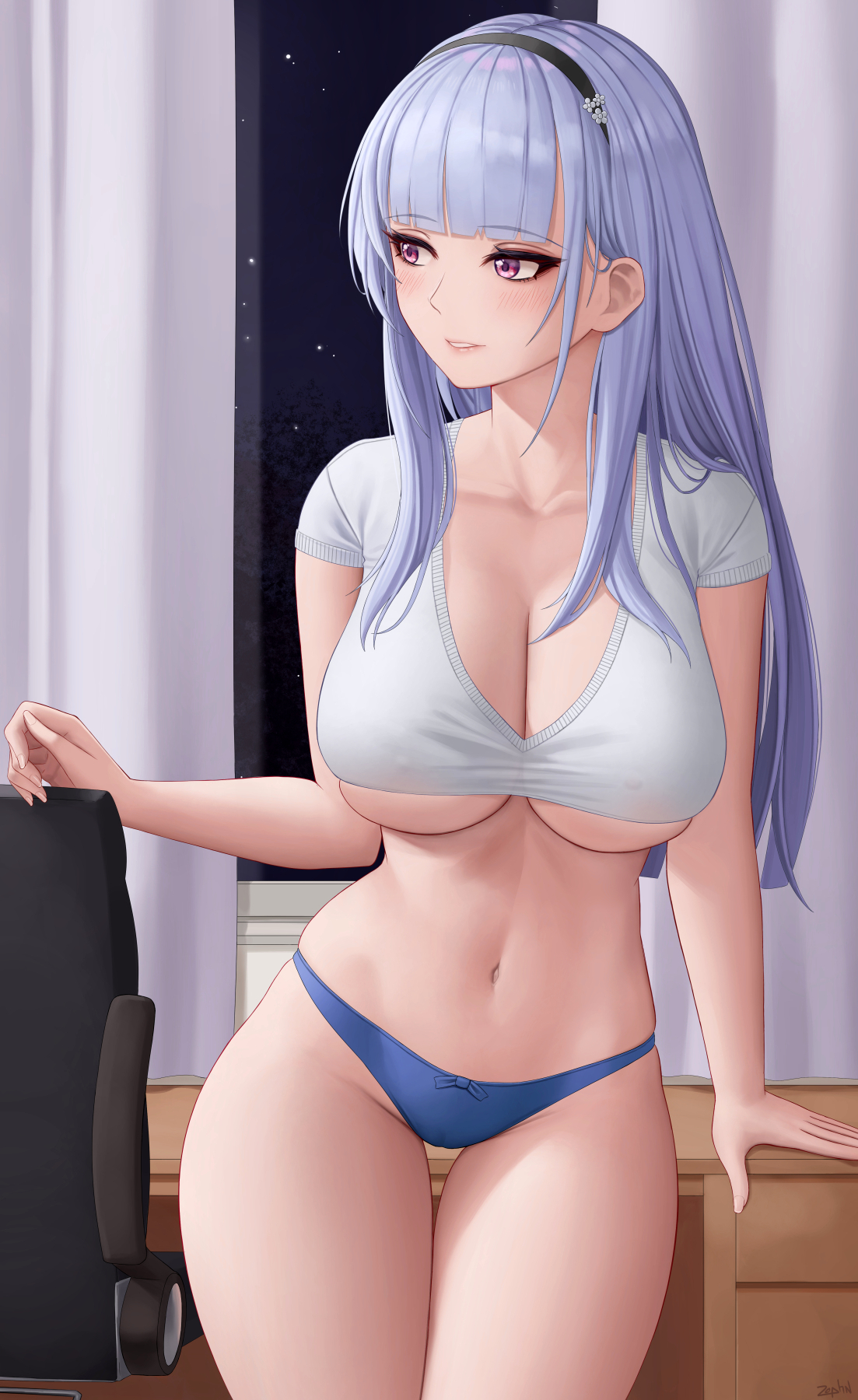 azur lane, bangs, bare legs, blue panties, blunt bangs, blush, breasts, cleavage, collarbone, covered nipples, crop top, dido (azur lane), female, hairband, highres, large breasts, long hair, looking to the side, navel, no pants, panties, parted lips, purple eyes, shirt, short sleeves, silver hair, smile, solo, thighs, underboob, underwear, white shirt, zaphn