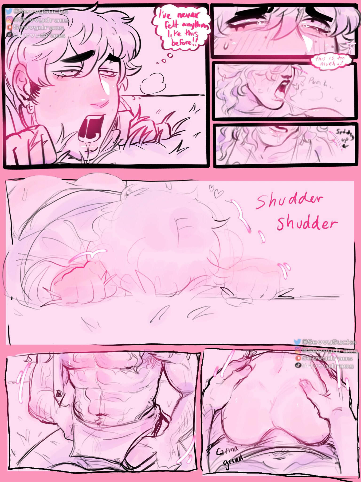 2boys, abs, bulge, bulge through clothing, comic, english text, gay, grinding, grinding on ass, grinding penis on ass, grinding through clothes, male, male only, oc, penis, sevvydraws, text