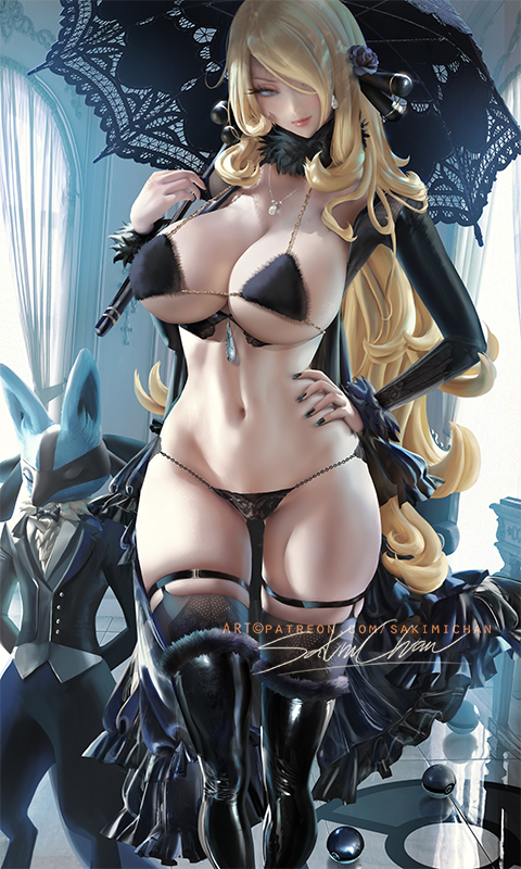 1girls, big breasts, bikini, black nails, blonde, blonde female, blonde hair, breasts, cynthia (pokemon), female, female only, grey eyes, long hair, lowres, lucario, mature female, nail polish, nintendo, panties, pokemon, pokemon (species), pokemon champion, pokemon dppt, sakimichan, silver hair, small panties, tagme, text, toned, toned female, wide hips