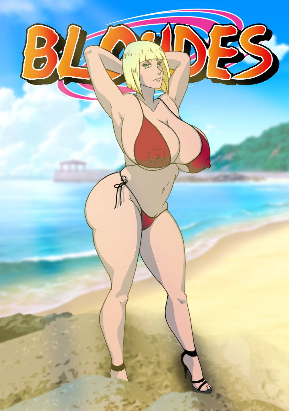 1girls, areolae, arms behind head, arms up, ass, beach, bikini, bimbo, blonde hair, bob cut, breasts, cleavage, curvy, detailed background, erect nipples, feet, female, female only, footwear, heels, huge ass, huge breasts, logo, looking at viewer, meatydemon, naruto, naruto (series), naruto shippuden, nipple bulge, nipples, ocean, open toe shoes, panties, posing, samui, sand, short hair, solo, swimsuit, toes, visible nipples, water, wide hips