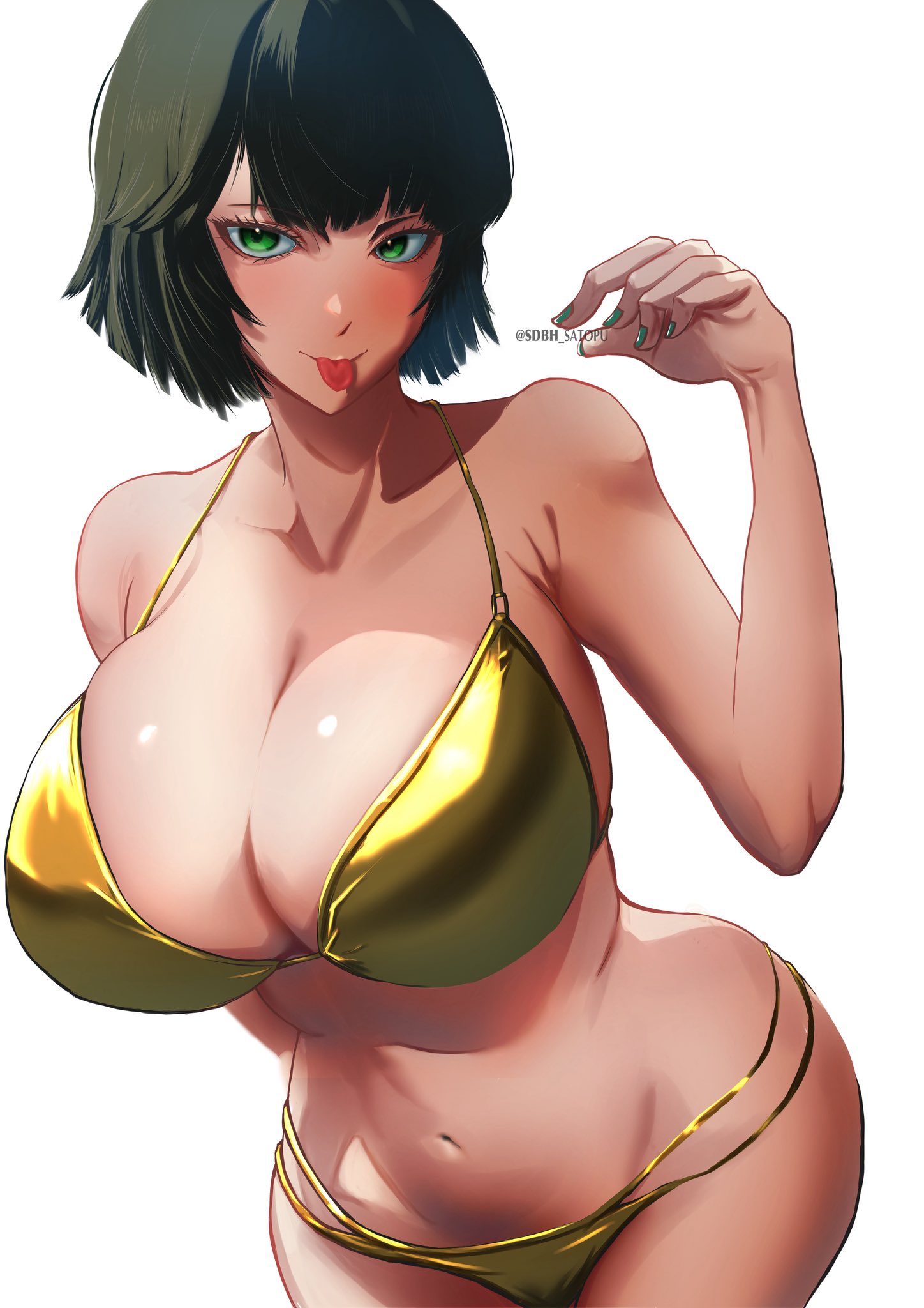 artist name, bikini, breasts, busty, curvy, female, fubuki (one-punch man), gold bikini, green eyes, green fingernails, green hair, hips, huge breasts, light skin, light-skinned female, one-punch man, sdbh satopu, swimsuit, white background
