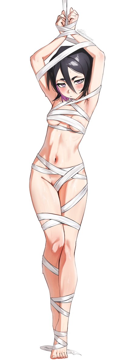 1girls, ankle wrap, arm wrap, armpits, arms up, bandage on face, bandage over one eye, bandaged arm, bandaged hands, bandaged head, bandaged leg, bandages, barefoot, bdsm, black eyes, black hair, bleach, blush, bound, bound wrists, breasts, budget sarashi, cast, female, female only, full body, hair between eyes, kuchiki rukia, looking at viewer, medium breasts, naked bandage, navel, sarashi, short hair, simple background, solo, standing, tied up, waligner, wrist wrap