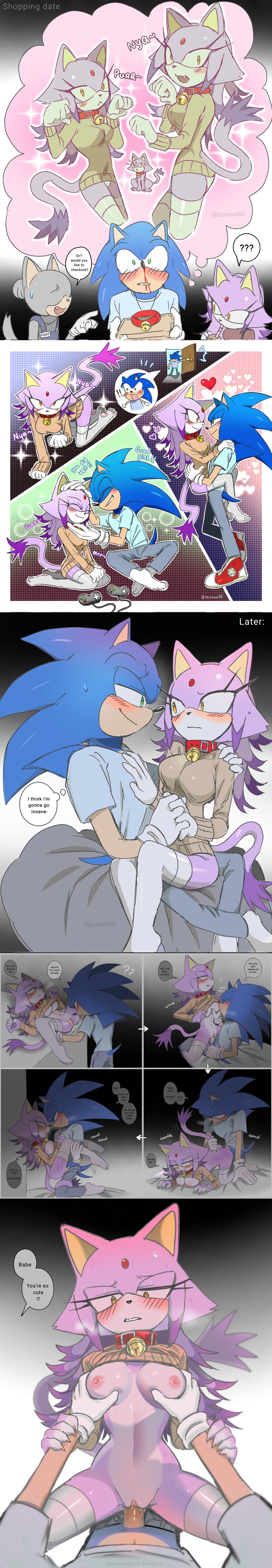 1boy, 1girls, against surface, against wall, ahe gao, anthro, big breasts, blaze the cat, blood, blue body, blue fur, blush, bodily fluids, breast grab, breast play, breast suck, breasts, clothing, collar, comic, comic strip, costume, cunnilingus, doggy style, duo, feline, female, female penetrated, from behind position, genital fluids, genitals, gloves, green eyes, hand on breast, handwear, heart symbol, hedgehog, hi res, highres, hug, legwear, looking pleasured, male, male/female, musk, musk clouds, nervous, nipples, nosebleed, on lap, oral, penetration, penile, penile penetration, penis, purple body, purple fur, purring, pussy, romantic, romantic ambiance, romantic couple, romantic sex, saliva, sega, sex, sonic (series), sonic the hedgehog, sonic the hedgehog (series), sparkles, stockings, sucking, tail, tail grab, tongue, tongue out, vaginal fluids, vaginal penetration, vulva, yellow eyes, yeonwu22