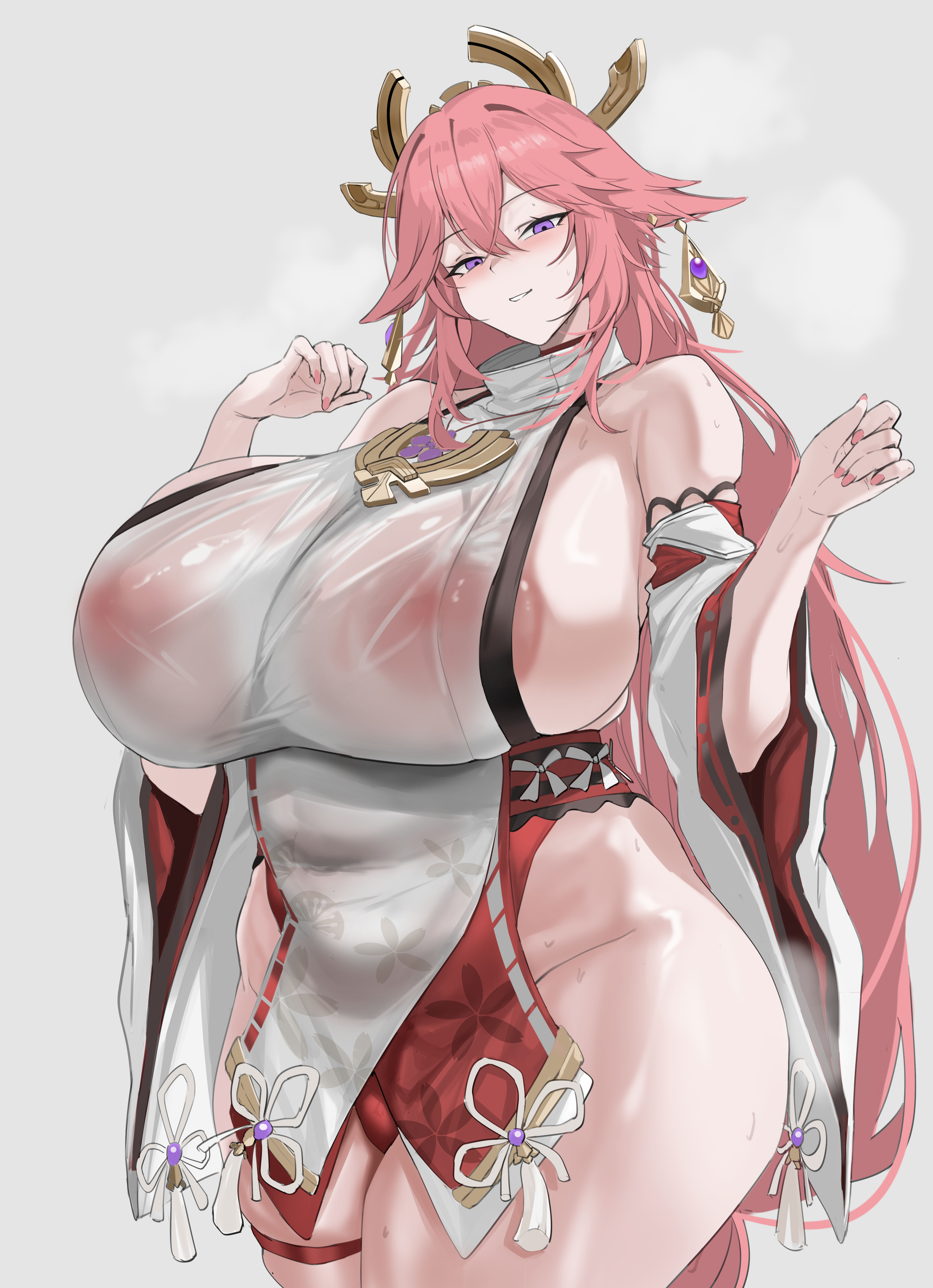 1girls, areola visible through clothing, breasts, bursting breasts, female, female only, genshin impact, gigantic breasts, huge areolae, huge breasts, massive breasts, quanzidongziben, solo, solo female, standing, thick thighs, voluptuous, wide hips, yae miko