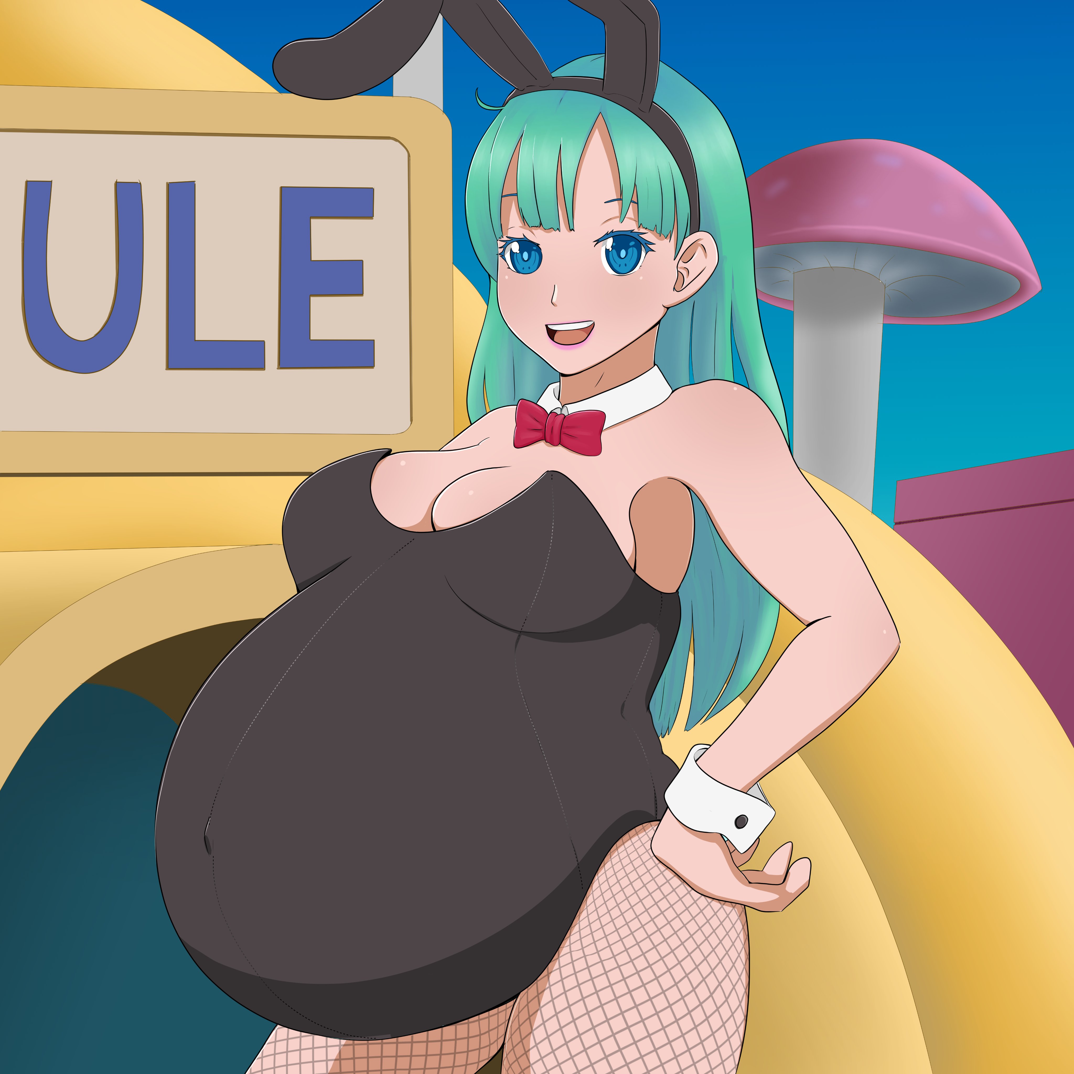1girls, absurdres, bulma (bunny), bulma briefs, bunny ears, bunny girl, bunnysuit, dragon ball, dragon ball (classic), female, female only, fishnet pantyhose, highres, huge belly, kristiadder, looking at viewer, milf, pantyhose, pregnant, ready to pop, solo, teenager