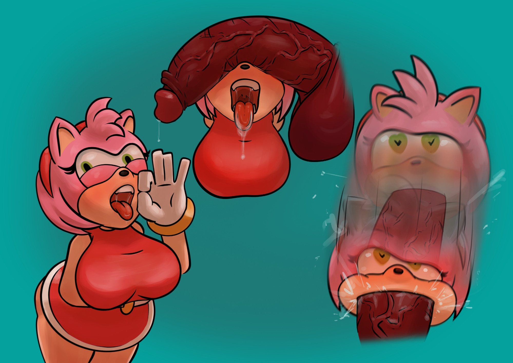amy rose, ass, balls, big ass, big balls, blowjob gesture, deepthroat, drooling, female, froggkingg, furry, knuckles the echidna, male, open mouth, oral, oral sex, penis, penis on face, sega, sonic (series), tongue, tongue out