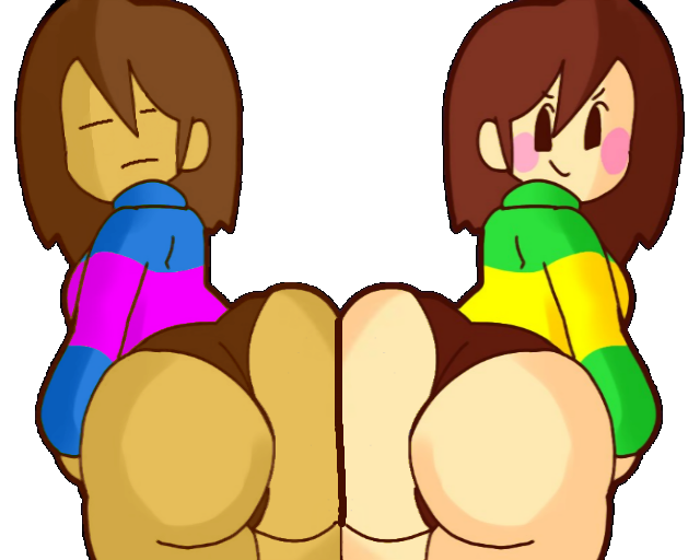 2girls ass ass_to_ass big_ass blank_stare chara clothed clothing duo edit edited female female_only frisk huge_ass looking_back mob_face mochikirb mochikirb_(edits) no_pants panties shirt shortstack smile sweater thick_thighs toby_fox undertale undertale_(series) undertale_fanfiction