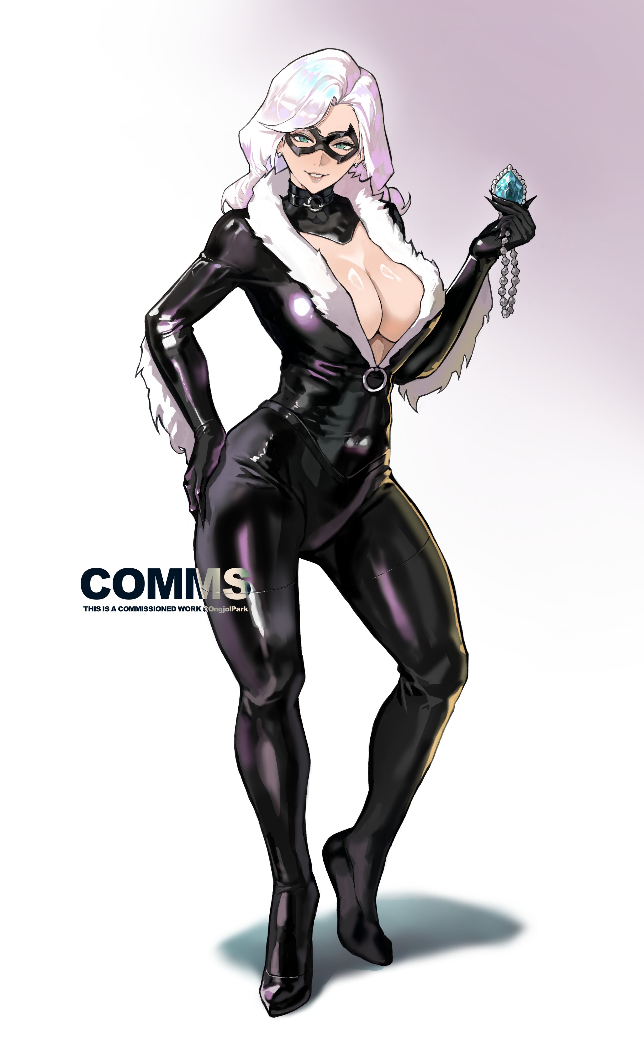 1girls, 2020s, 2025, alluring, big breasts, black cat (marvel), bodysuit, breasts, bursting breasts, chokerbreasts, collar, commission, commission art, curvaceous, curvaceous body, curvaceous female, curvaceous figure, curvy, curvy body, curvy female, curvy figure, enticing, felicia hardy, female, gloves, green eyes, hand on own hip, hourglass figure, hourglass figured female, huge breasts, large breasts, light skin, light-skinned female, long gloves, looking at viewer, marvel, marvel comics, mask, masked, masked female, massive breasts, necklace, ongjolpark, seducing, seductive, seductive look, seductive pose, shiny, shiny clothes, shiny skin, showing breasts, showing off breasts, skin tight, smile, smiling, smiling at viewer, spider-man (series), superheroine, teasing, teasing viewer, temptation, tempting, tempting viewer, thick, thick breasts, thick legs, thick thighs, tight clothes, tight clothing, voluptuous, voluptuous female, watermark, white background, white fur, white hair, zipper, zipper down, zipper pull tab