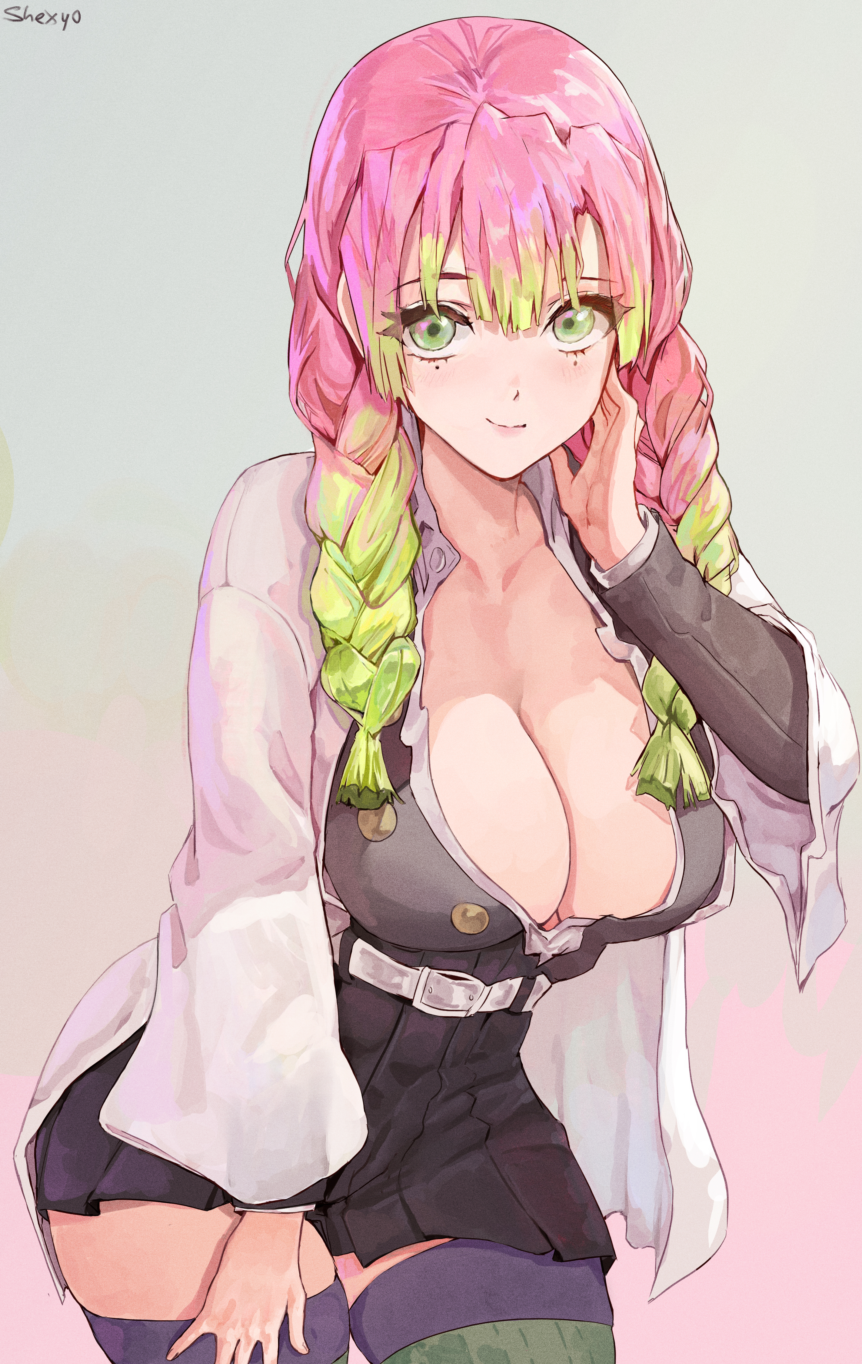 1girls, bangs, big breasts, braided hair, breasts, cleavage, clothing, demon slayer, female, female focus, female only, fully clothed, green eyes, haori, kanroji mitsuri, kimetsu no yaiba, long hair, looking at viewer, miniskirt, mole under eye, open shirt, pink hair, pink-haired female, pleated skirt, shexyo, smile, solo, tagme, thighhighs, two-tone hair, unbuttoned shirt