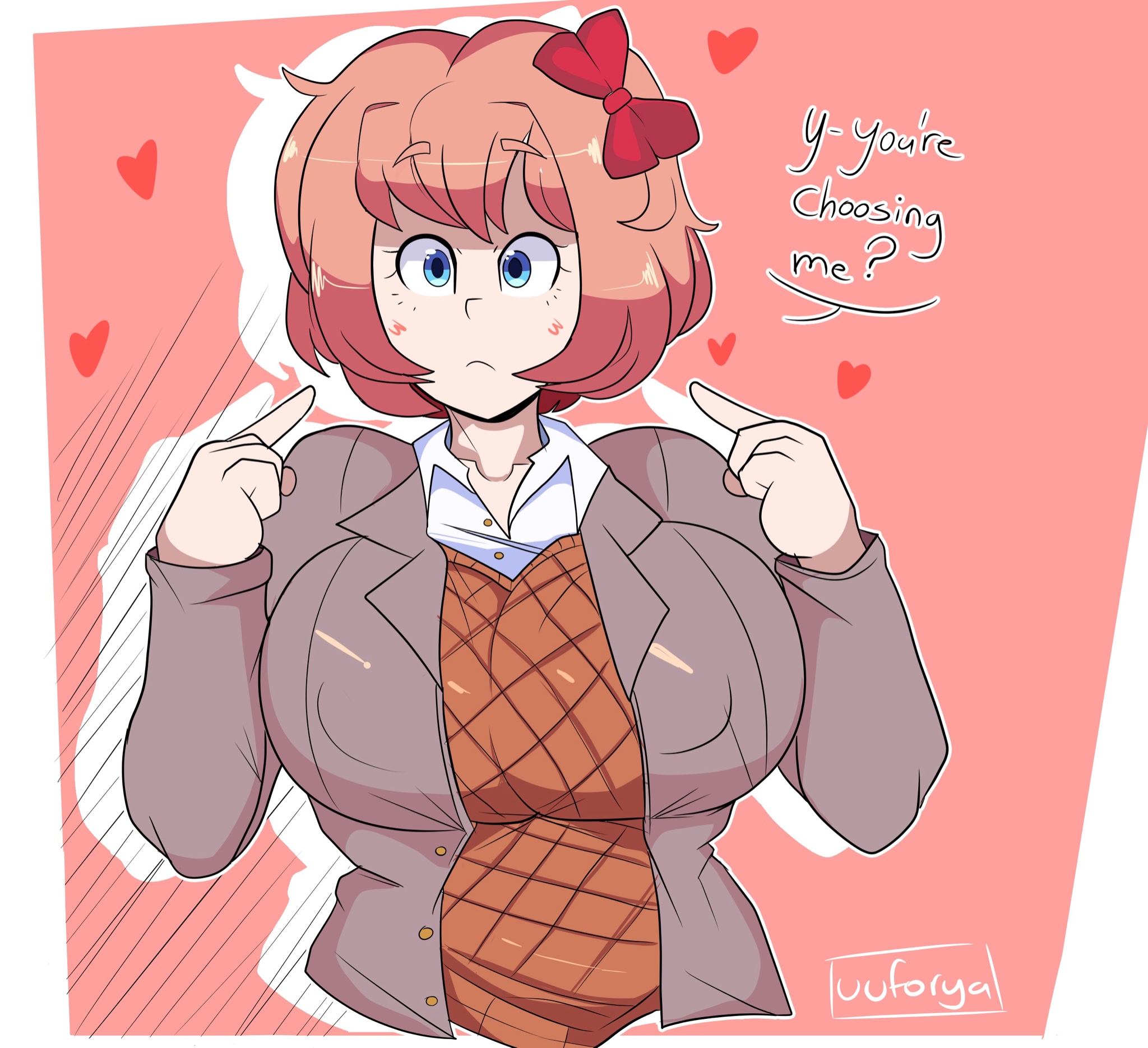 1girls, big breasts, blazer, blue eyes, blush, breasts, cardigan, clothed, clothed female, clothing, dialogue, doki doki literature club, english, english text, female, female focus, female only, fully clothed, heart, hourglass figure, just sayori, large breasts, red bow, ribbon, sayori (doki doki literature club), schoolgirl, simple background, solo, solo female, strawberry blonde hair, surprised, text, uuforya
