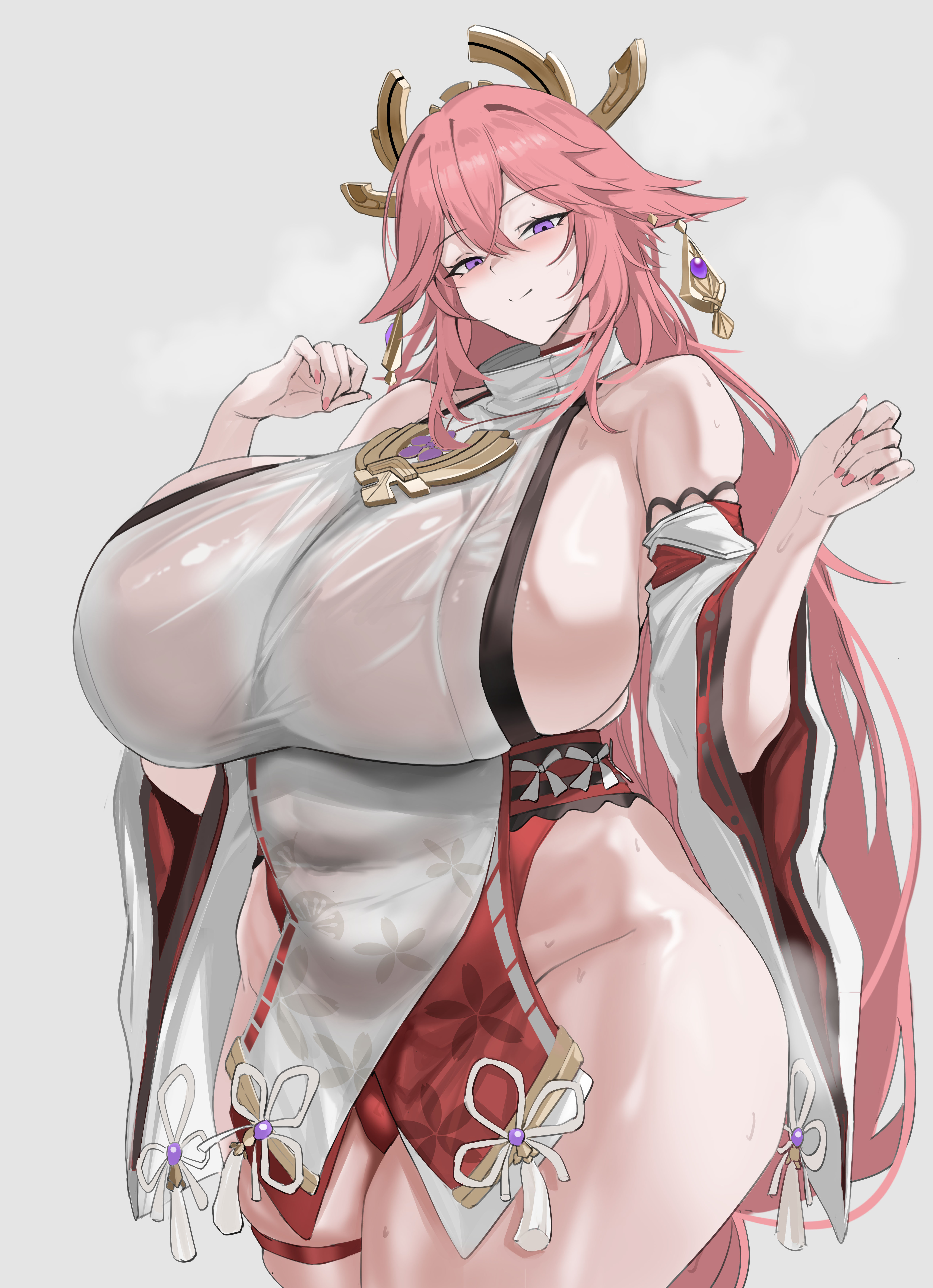 1girls, breasts, bursting breasts, female, female only, genshin impact, gigantic breasts, huge breasts, massive breasts, quanzidongziben, solo, solo female, standing, thick thighs, voluptuous, wide hips, yae miko