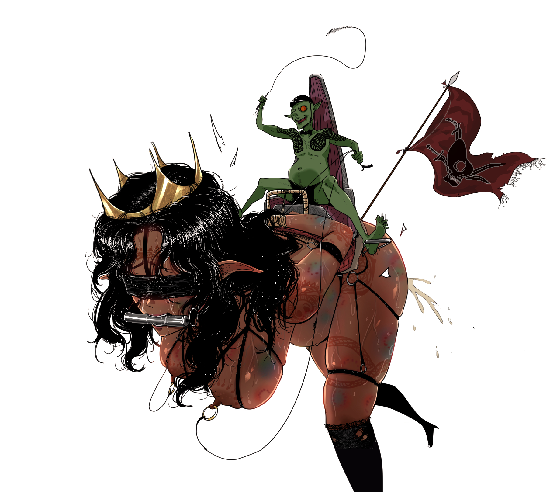 1girls, arms behind back, artist request, bit gag, black hair, blindfold, blindfolded, bondage, bound, bound wrists, brown body, bruise, bruised, captured, crown, crying, cum drip, dark elf, dark skin, dark-skinned sub, defeated, dominated female, drooling, elf, elf ears, elf female, elf girl, enslaved royal, female, femsub, flag, goblin, heels, male, maledom, nipple piercing, nipple reins, nipples, nude, nude female, petplay, piercing, pony girl, ponygirl, ponyplay, reins, riding on back, royalty, saddle, skindentation, slave, slave girl, small dom big sub, submissive female, tagme, tattoo, whip, white background