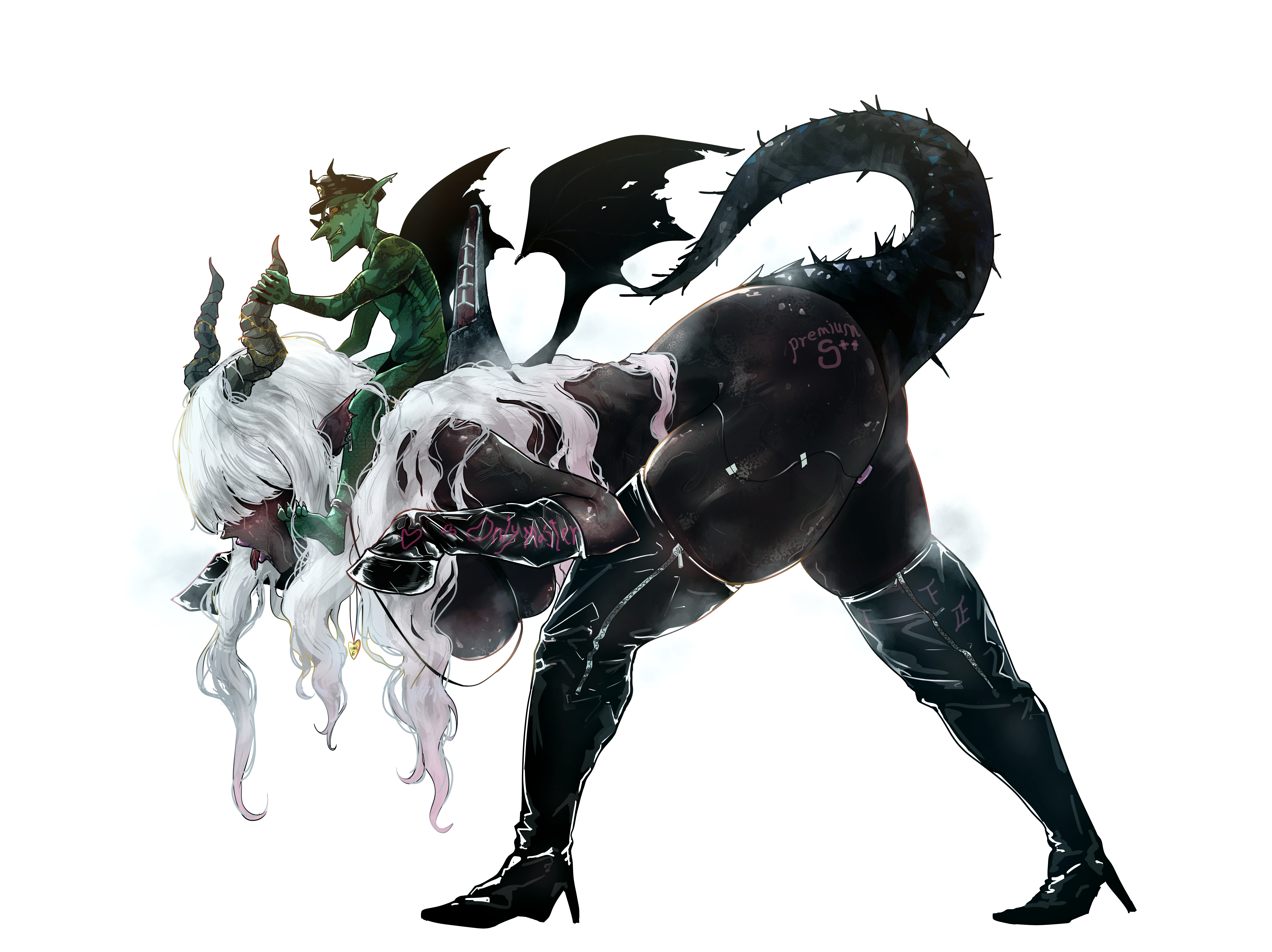 1boy, 1girls, artist request, ass, ass tattoo, black body, bondage, bound, carrying partner, dragon tail, female, femsub, goblin, goblin male, green body, heels, hoof gloves, horned humanoid, horns, hunched over, large ass, larger female, male, obscured eyes, petplay, pony girl, ponygirl, ponyplay, riding on back, saddle, size difference, small dom big sub, smaller male, submissive female, tail, tongue, tongue out, white background, white hair, wings
