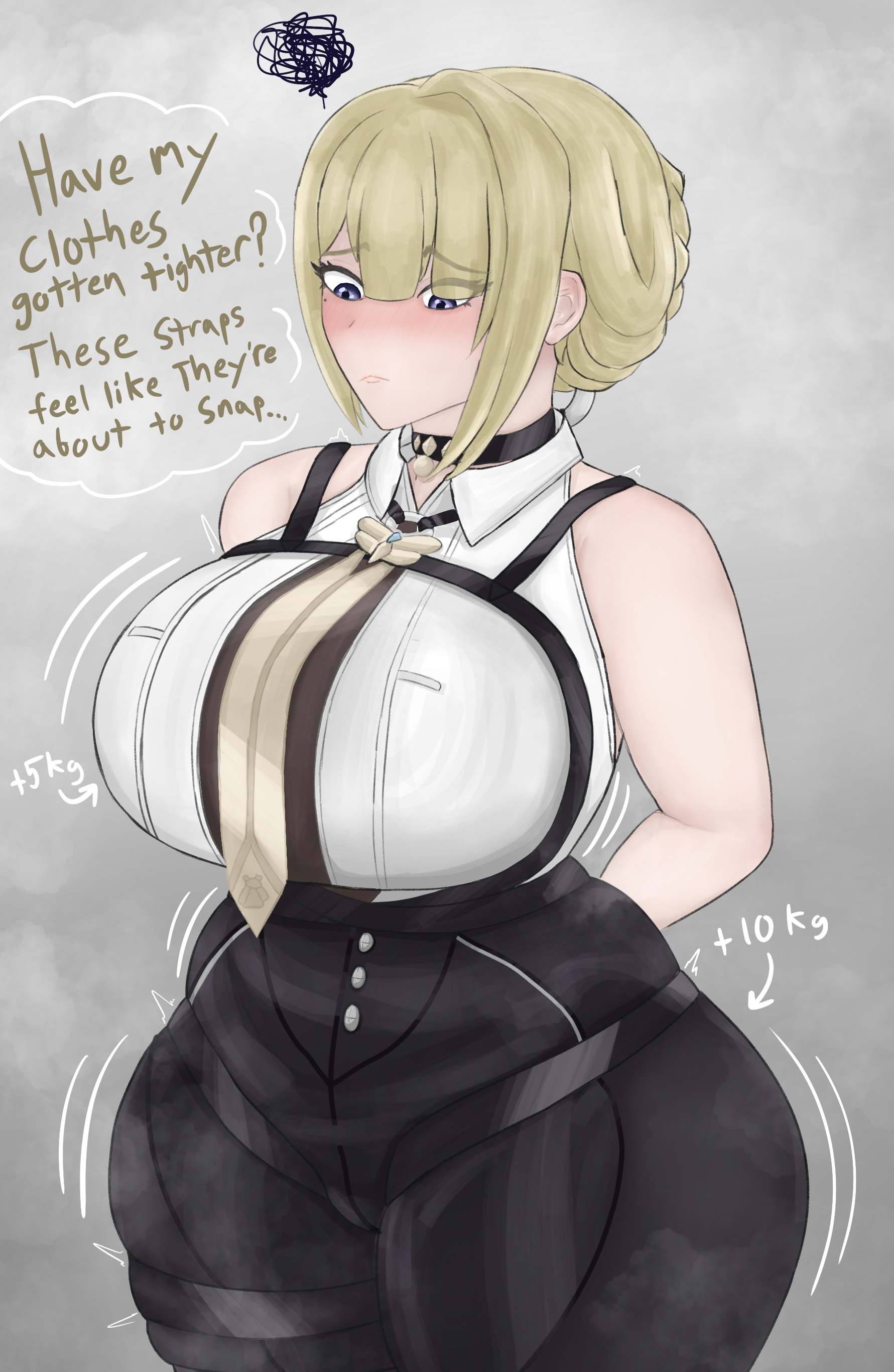 1girls, ass, big breasts, breasts, clothing, evelyn chevalier, fat, female, female only, huge breasts, human, measurements, solo, solo female, stars of lyra, text, umikonari, voluptuous, weight gain, zenless zone zero