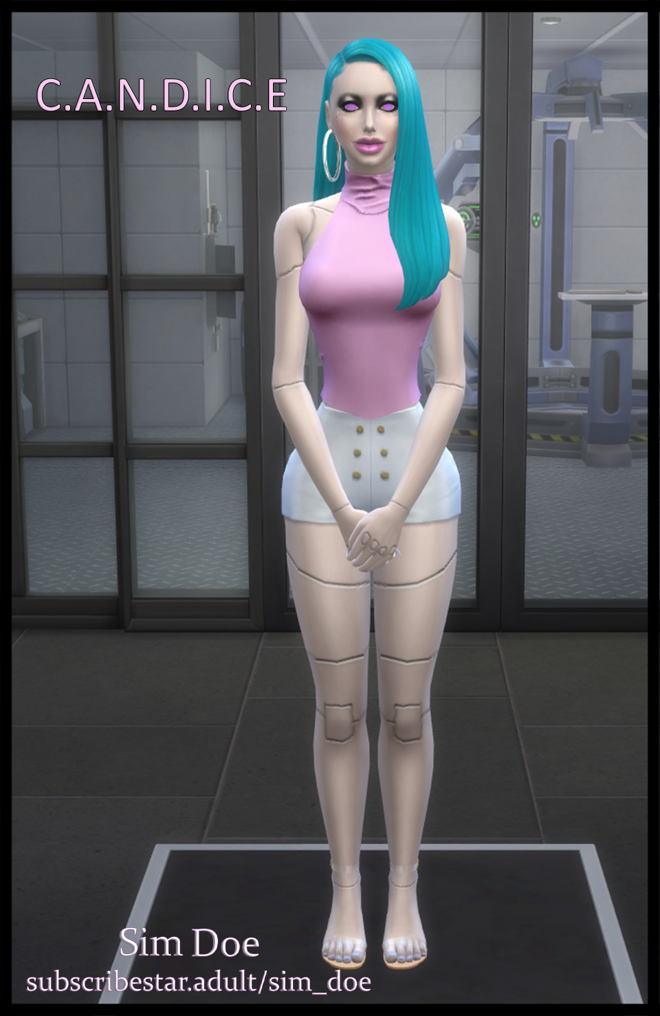 3d candice(sim_doe) cyan_hair english english_text grey_skin high_heels miss_bots(sim_doe) no_sex original_characters petite petite_body petite_female revealing_clothes revealing_outfit robot robot_girl robot_humanoid sim_doe sims sims4 sims_4 the_sims the_sims_4