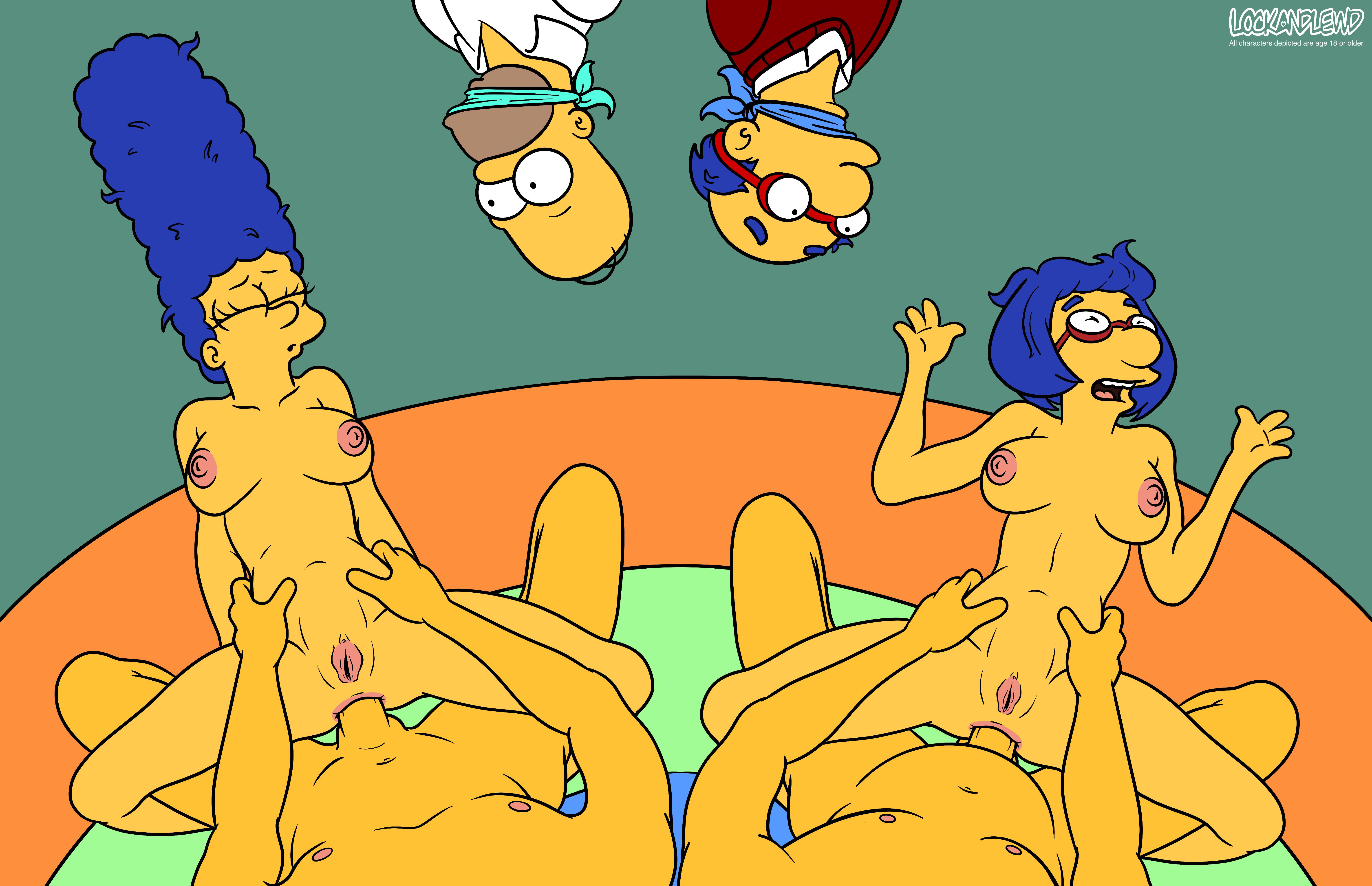 20th century fox, 20th century studios, 2girls, 4boys, anal, anal sex, arms spread, artist name, bald, bald male, blue hair, bound, breasts, closed eyes, clothed, clothed female nude male, clothed male nude male, clothing, eyelashes, faceless male, female, fox corporation, genitals, glasses, gracie films, hands on hips, homer simpson, human, human on human, indoors, kirk van houten, lockandlewd, looking at another, luann van houten, lying on back, male, male/female, mammal, marge simpson, matt groening, mature, mature female, mature male, mouth coverd, nipples, nude, nude female, nude male, open mouth, penis, penis in anus, pussy, rape, red shirt, rug, sex, shirt, straight, straight sex, the simpsons, unseen male face, white shirt, yellow skin