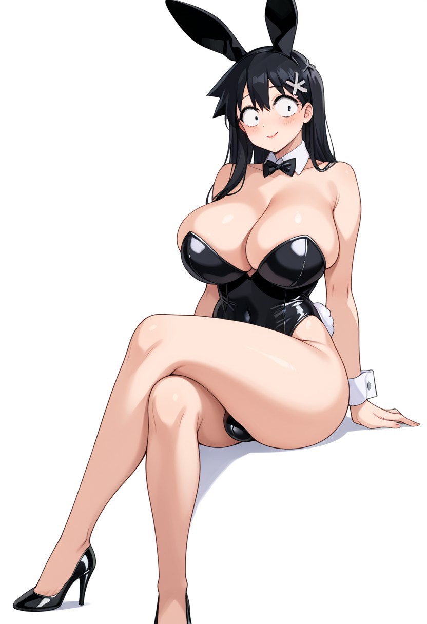 1futa, ai generated, big breasts, black bow, black bunnysuit, black eyes, black hair, black heels, bow, breasts, bulge, bunny costume, bunny ears, bunny girl, bunnysuit, civitai, crossed legs, female, futanari, genderswap (mtf), hair ornament, heels, intersex, komi-san wa komyushou desu, male, male to futa, rule 63, sitting, tadano hitohito, tagme