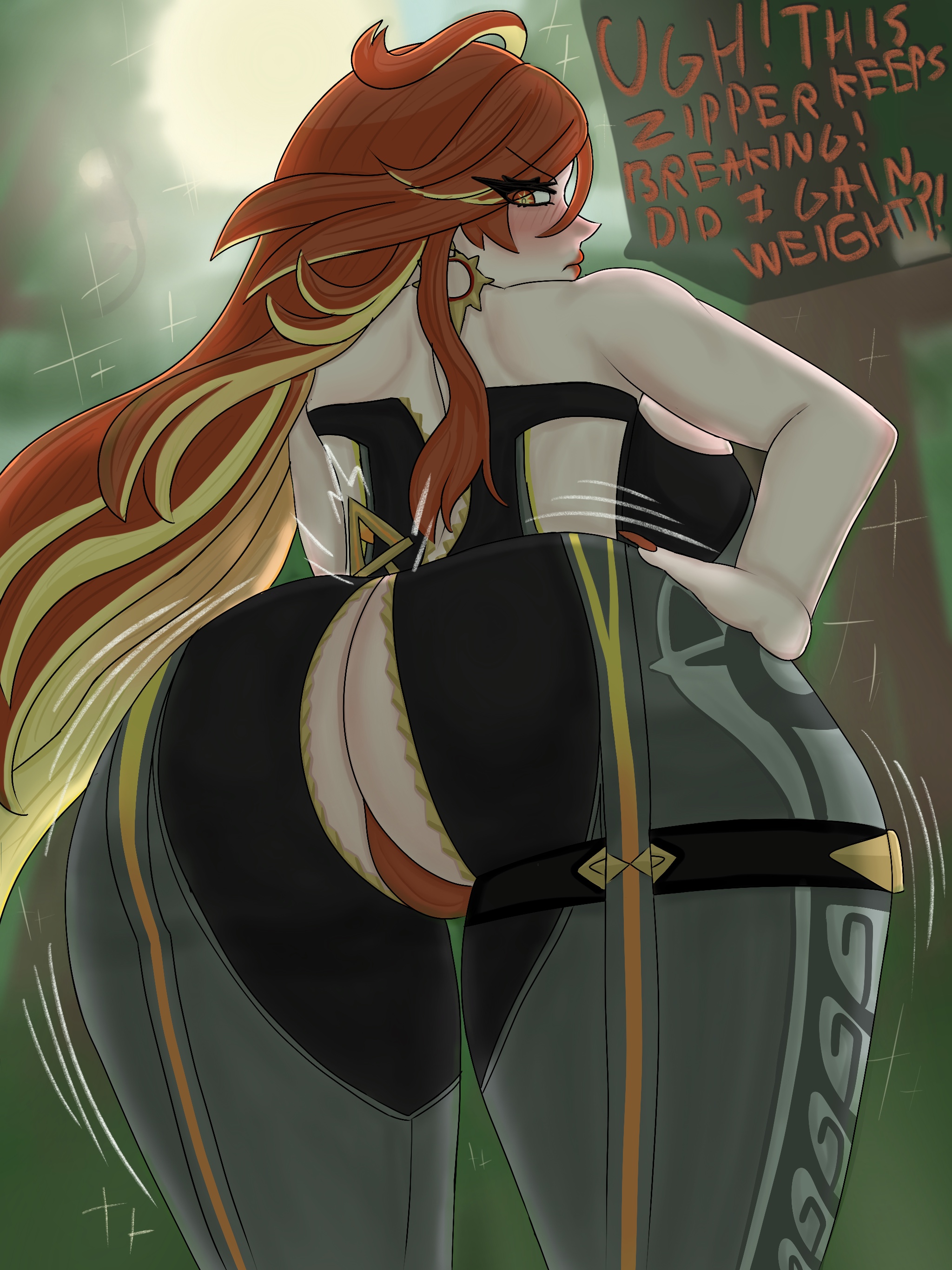 1girls, ass, big ass, fat, female, female only, genshin impact, huge ass, human, inconvenient ass, mavuika (genshin impact), solo, solo female, struggling to fit, text, umikonari, wardrobe malfunction, weight gain