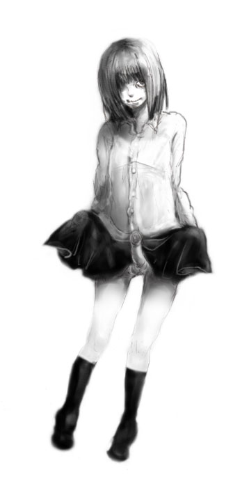 futanari hair_over_one_eye monochrome monoe skirt_lift smile socks solo_futa yume_nikki