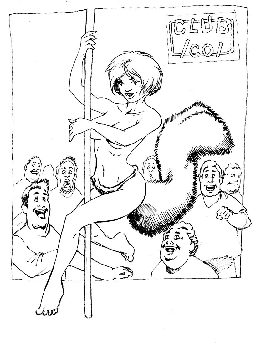 1girls artist_request doreen_green great_lakes_avengers marvel marvel_comics monochrome mutant pole_dancing squirrel_girl squirrel_girl_(marvel) straight_hair strip_club stripper_pole superheroine tagme tail topless